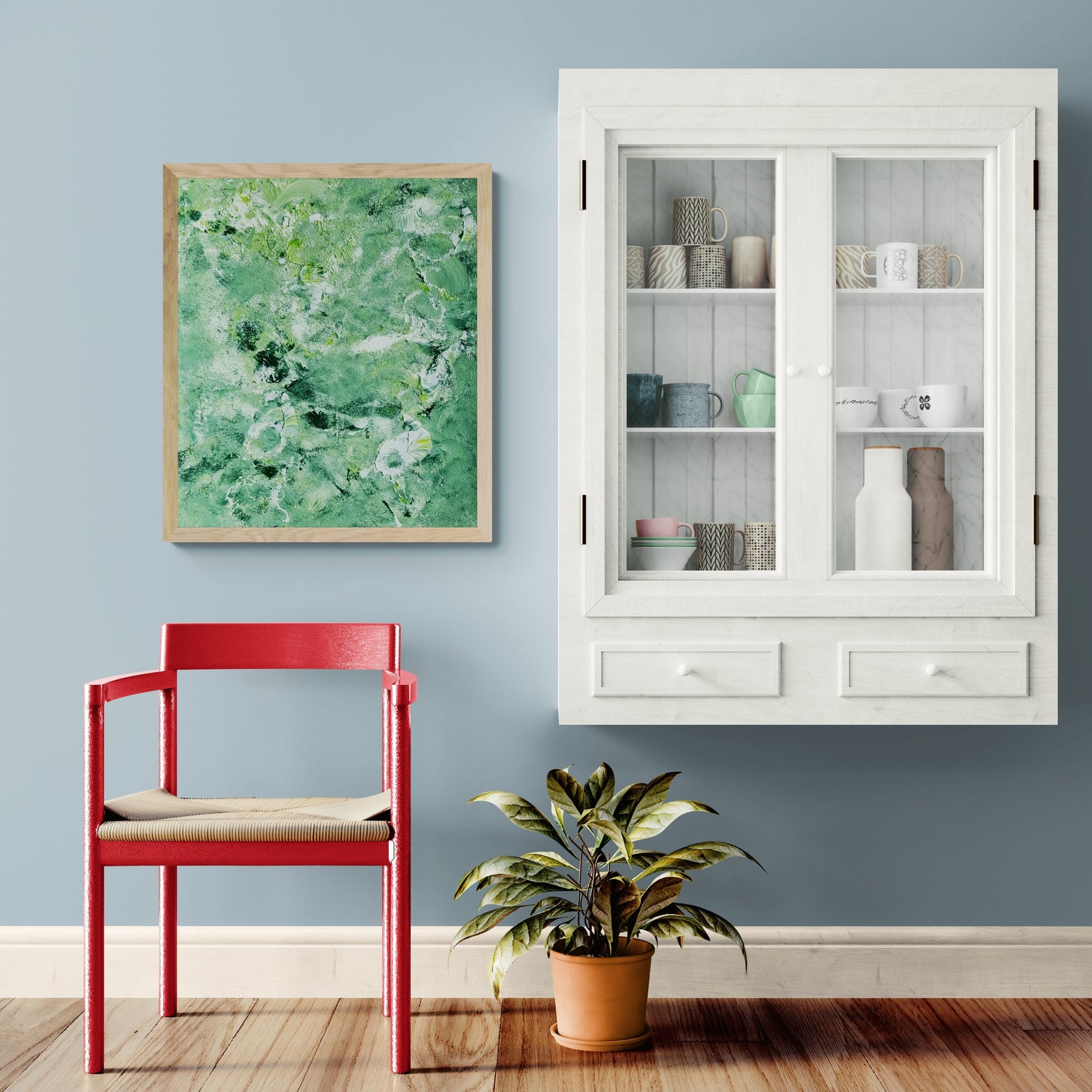Green and white abstract one of a kind original feel good art by Jeanette Haga as home decor in a modern colorful hallway