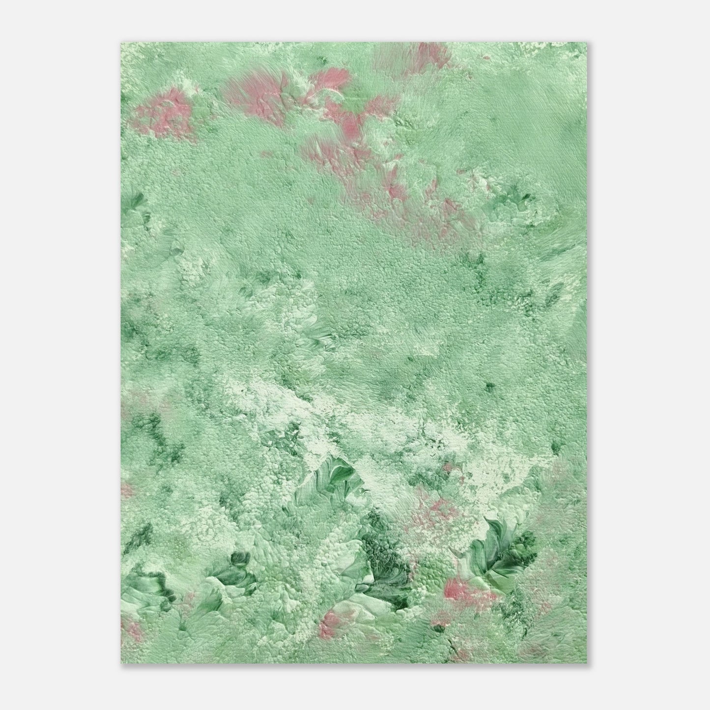 green abstract colorful with happy colors art poster based on an original acrylic one of a kind painting for home decor on wall hanging vertically on a grey wall