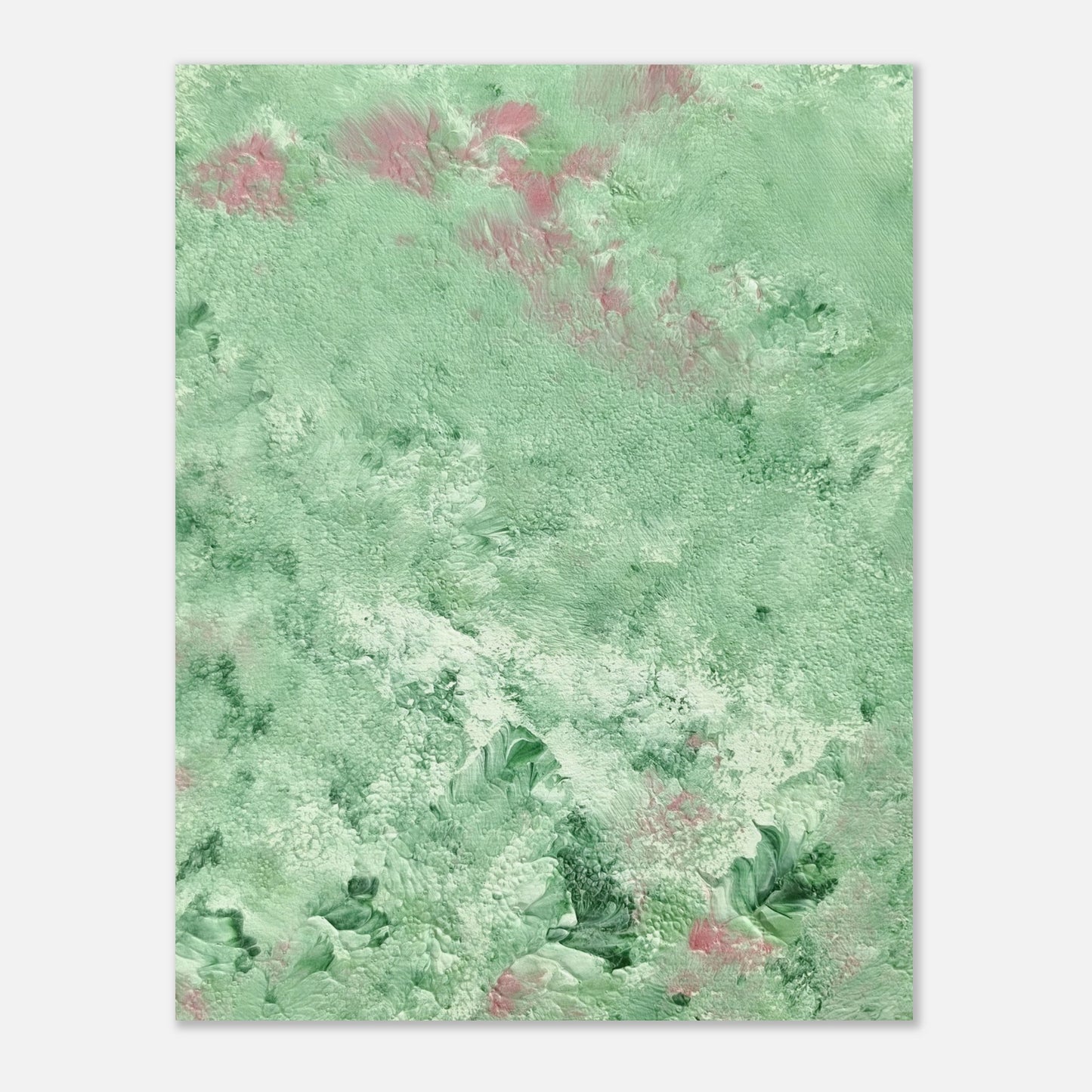 green abstract colorful with happy colors art poster based on an original acrylic one of a kind painting for home decor on wall hanging vertically on a grey wall