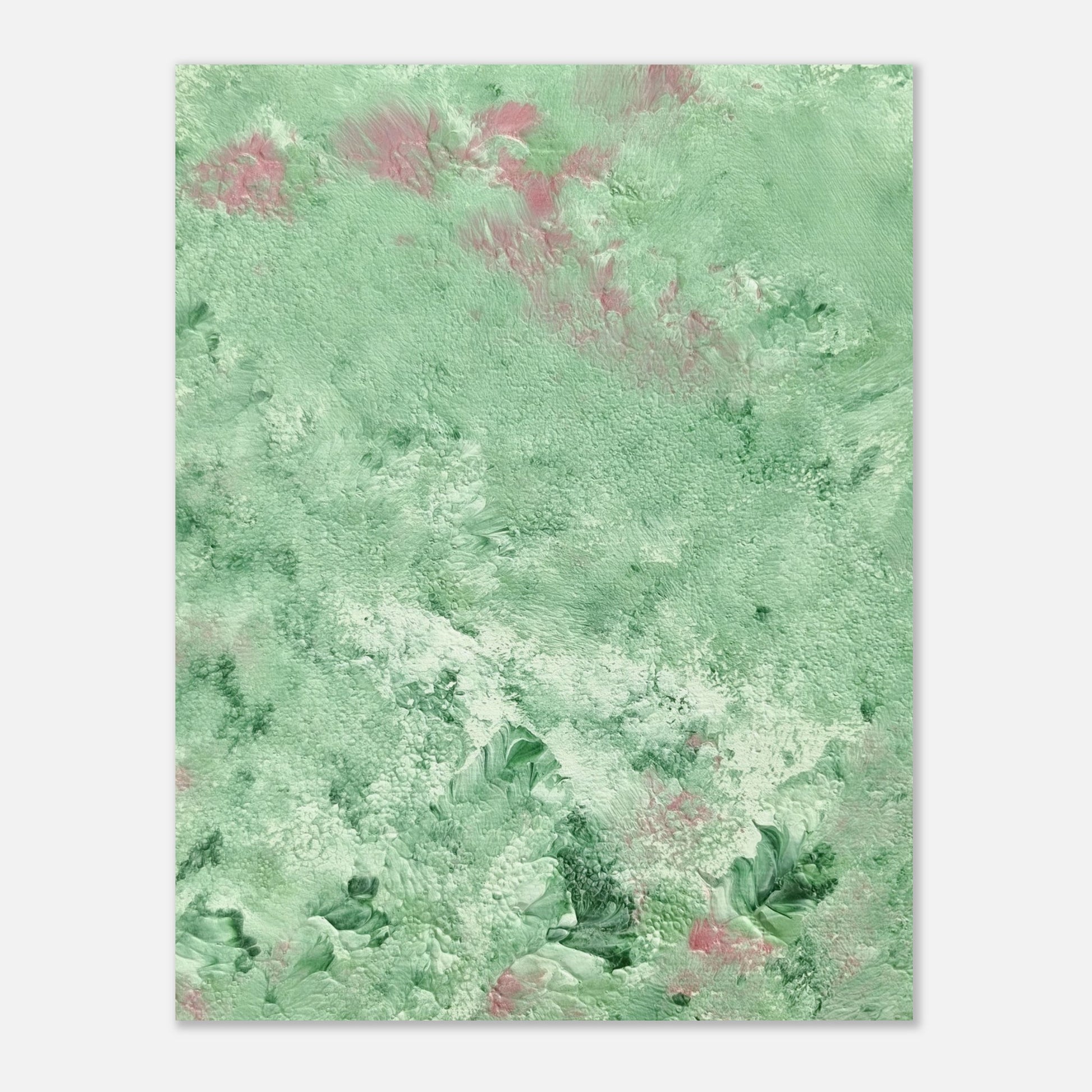 green abstract colorful with happy colors art poster based on an original acrylic one of a kind painting for home decor on wall hanging vertically on a grey wall