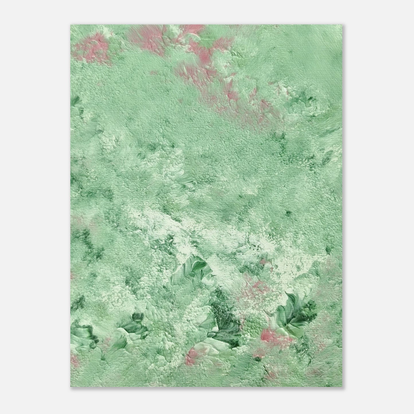 green abstract colorful with happy colors art poster based on an original acrylic one of a kind painting for home decor on wall hanging vertically on a grey wall