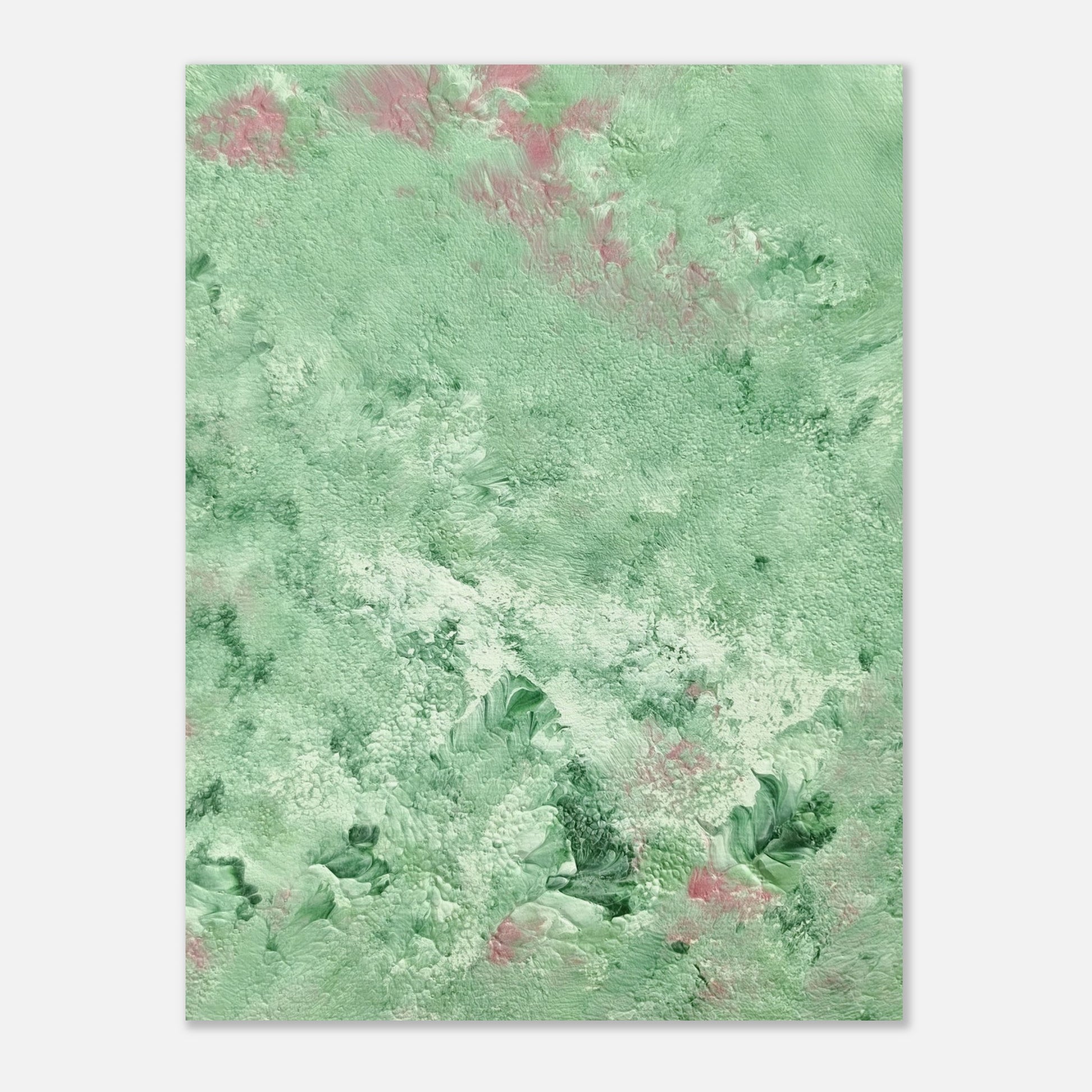 green abstract colorful with happy colors art poster based on an original acrylic one of a kind painting for home decor on wall hanging vertically on a grey wall