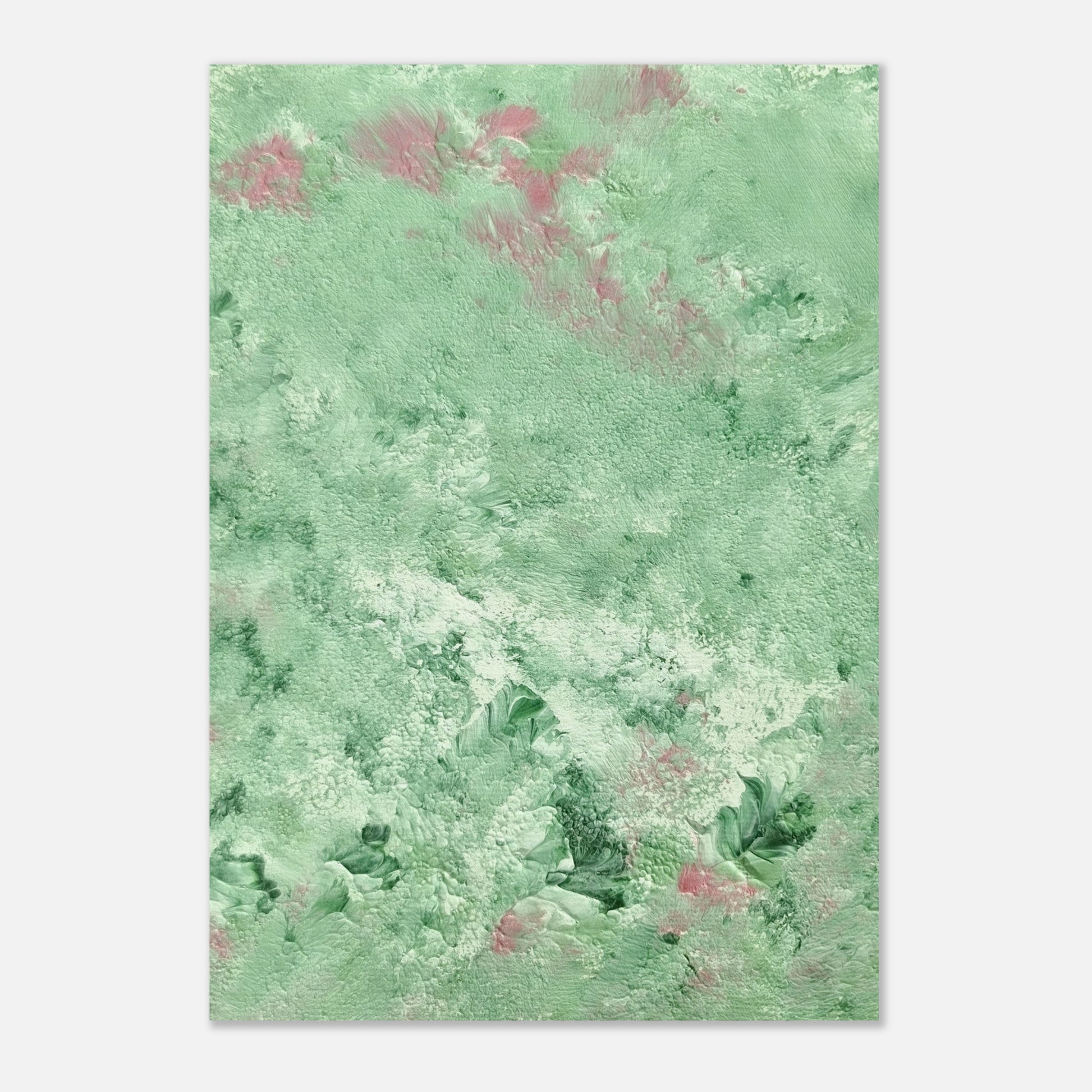 green abstract colorful with happy colors art poster based on an original acrylic one of a kind painting for home decor on wall hanging vertically on a grey wall