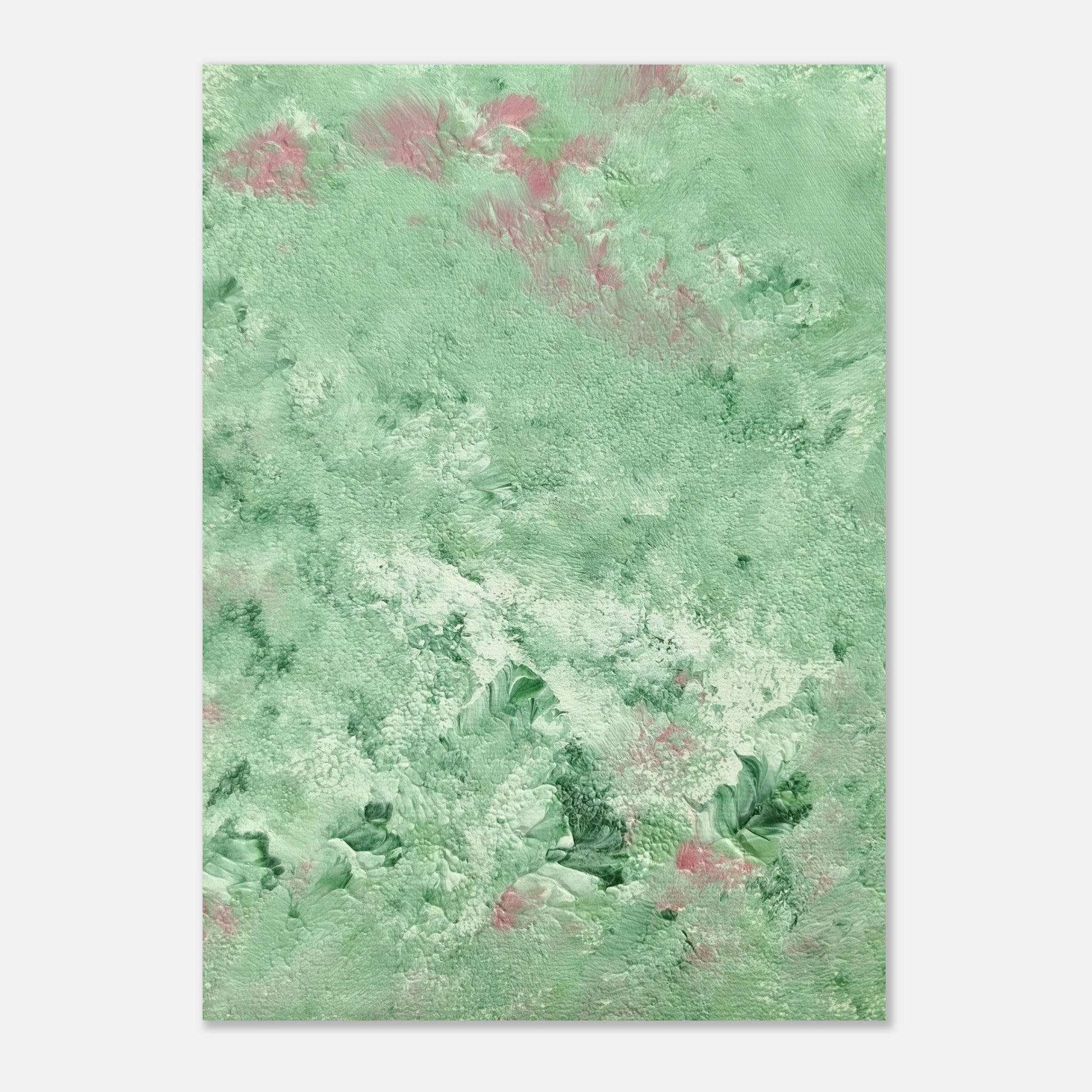 green abstract colorful with happy colors art poster based on an original acrylic one of a kind painting for home decor on wall hanging vertically on a grey wall