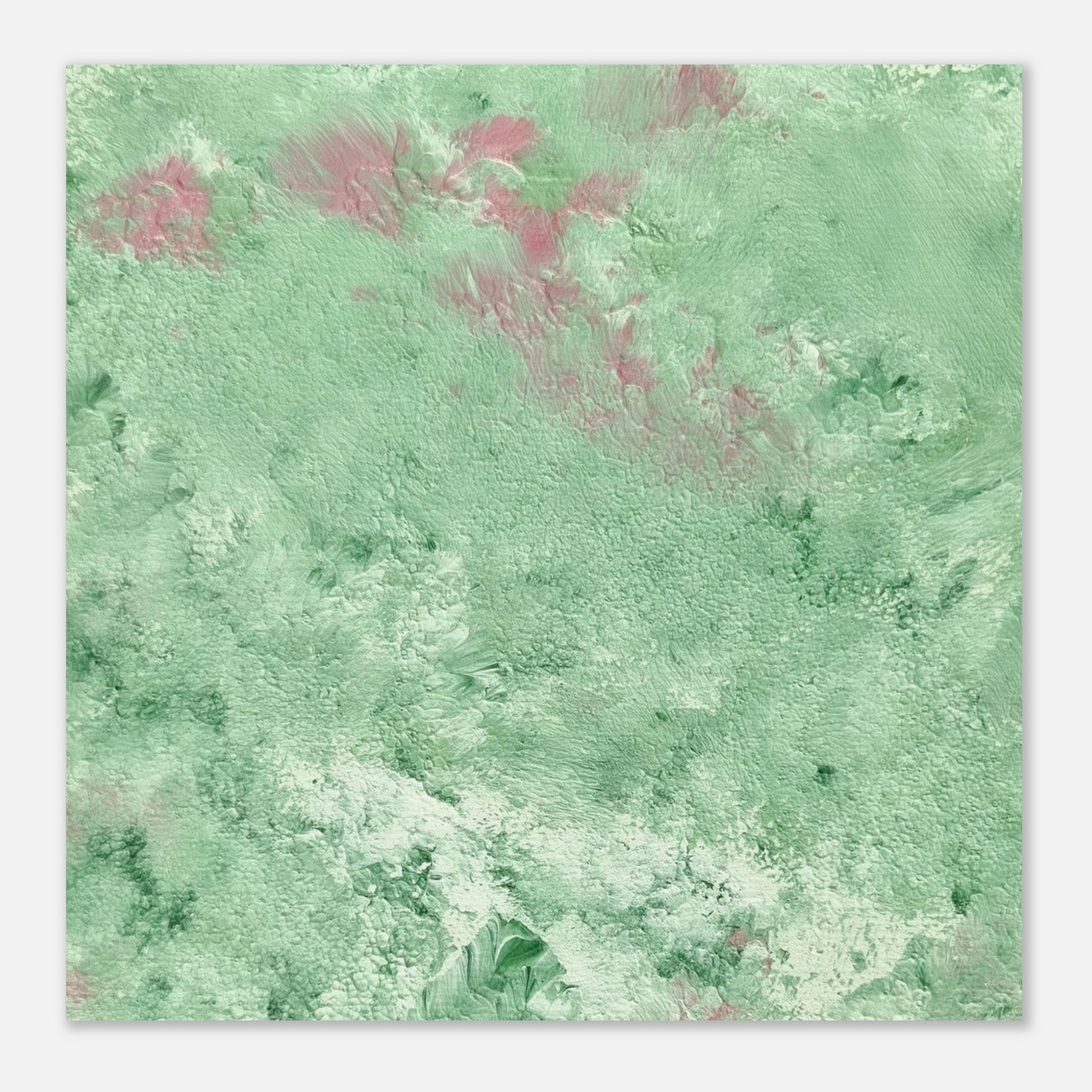 green abstract colorful with happy colors art poster based on an original acrylic one of a kind painting for home decor on wall hanging vertically on a grey wall