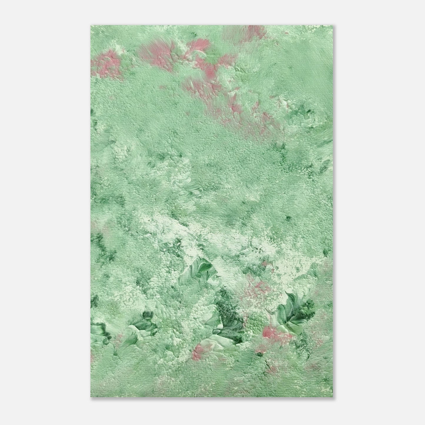 green abstract colorful with happy colors art poster based on an original acrylic one of a kind painting for home decor on wall hanging vertically on a grey wall