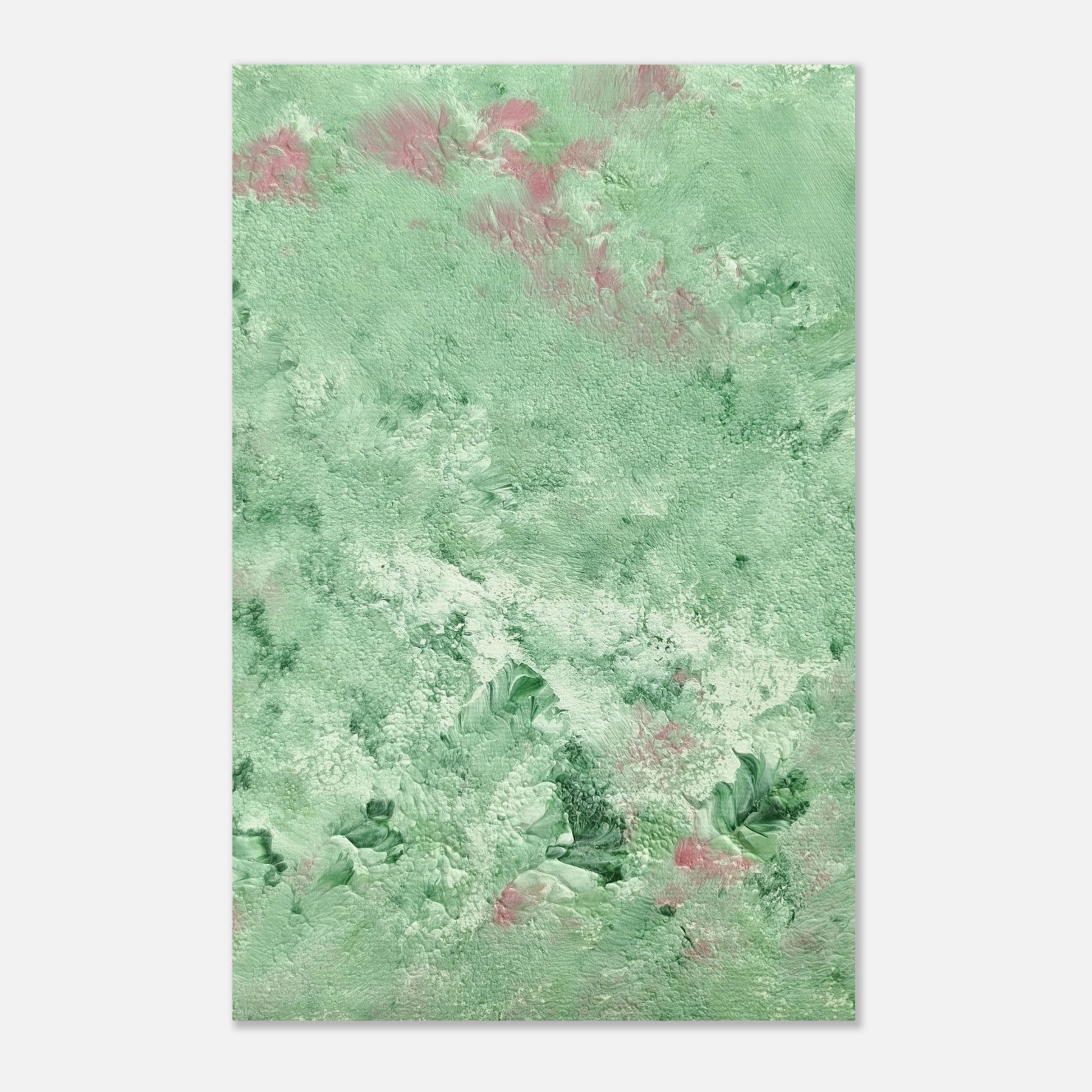green abstract colorful with happy colors art poster based on an original acrylic one of a kind painting for home decor on wall hanging vertically on a grey wall