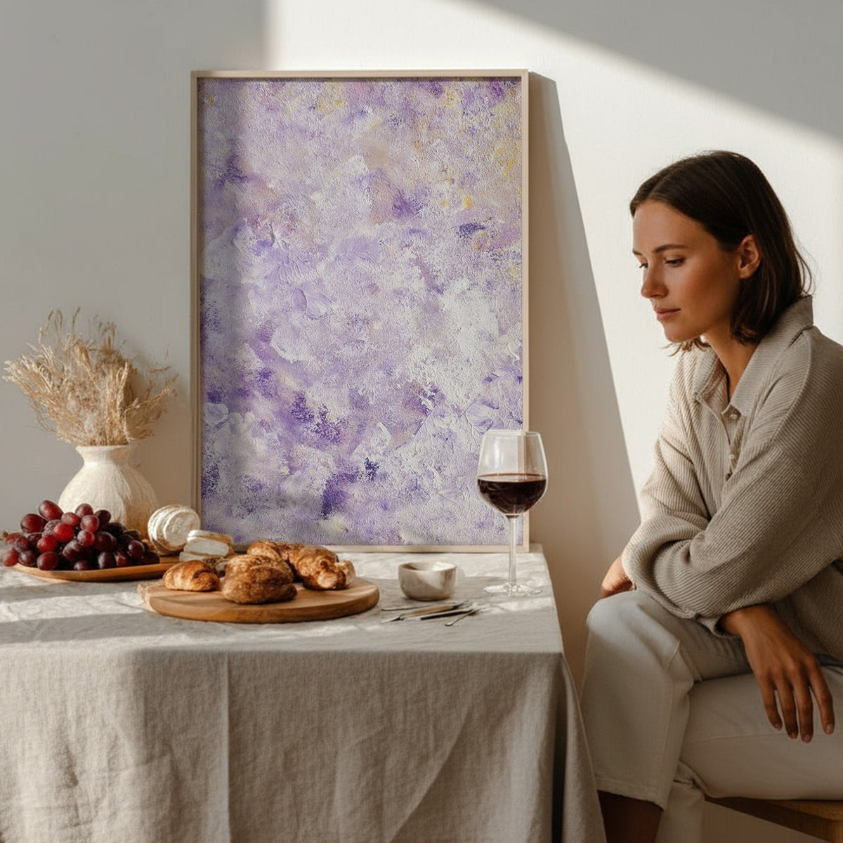 A woman in a beige lounge set sits beside a table with a glass of red wine, pastries, and fruit, looking at a large framed abstract painting in lavender and purple tones.