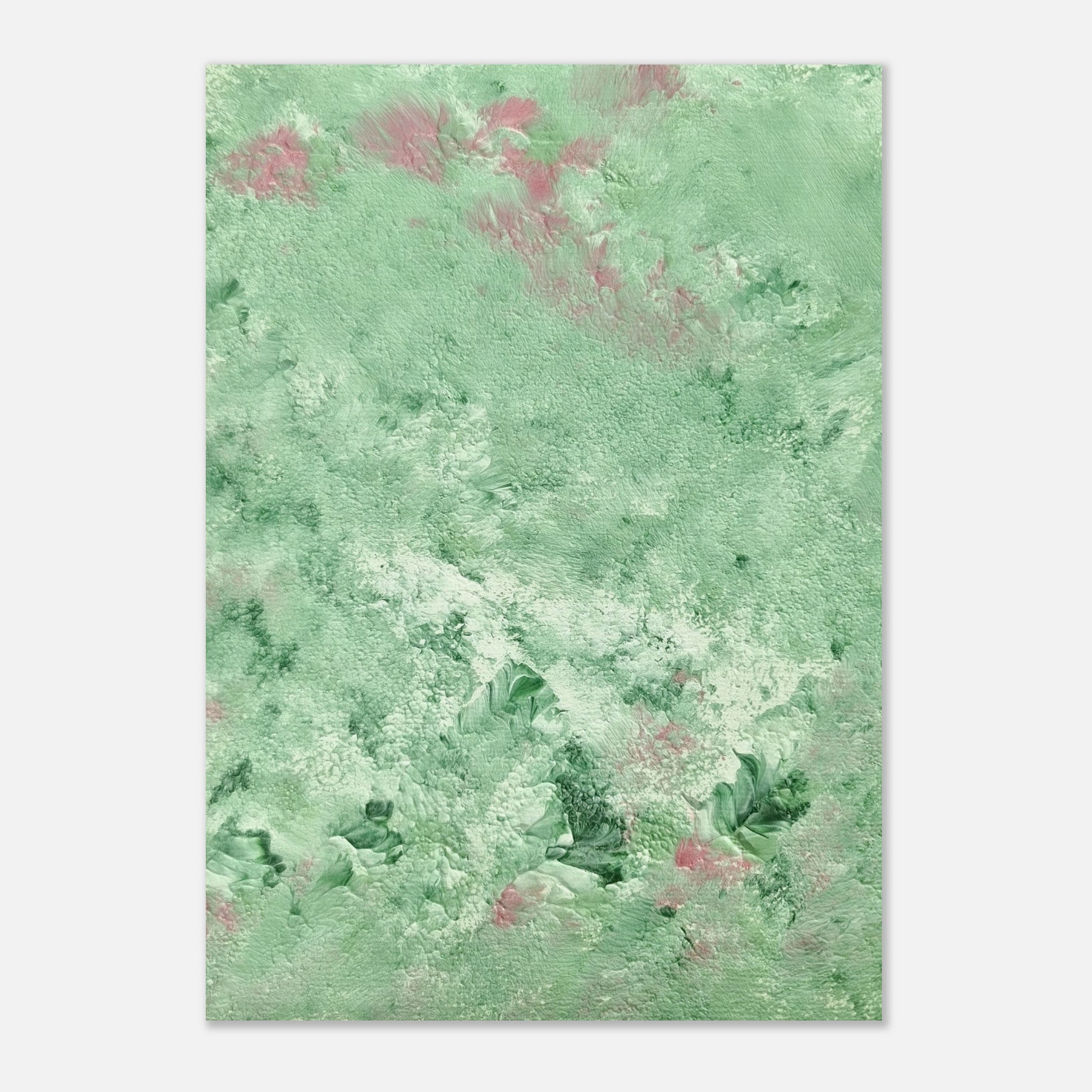green abstract colorful with happy colors art poster based on an original acrylic one of a kind painting for home decor on wall hanging vertically on a grey wall