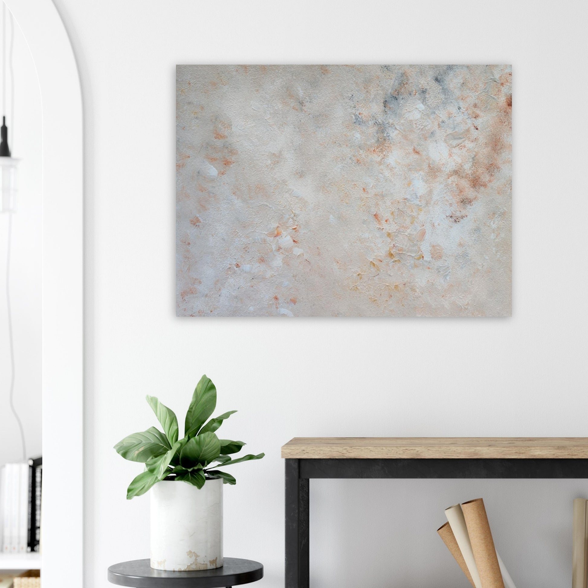 beige, brown and gold, Feel good one of one-of-a-kind colorful art poster based on original abstract art created by up-and-coming artist Jeanette Haga as decor in a modern hallway
