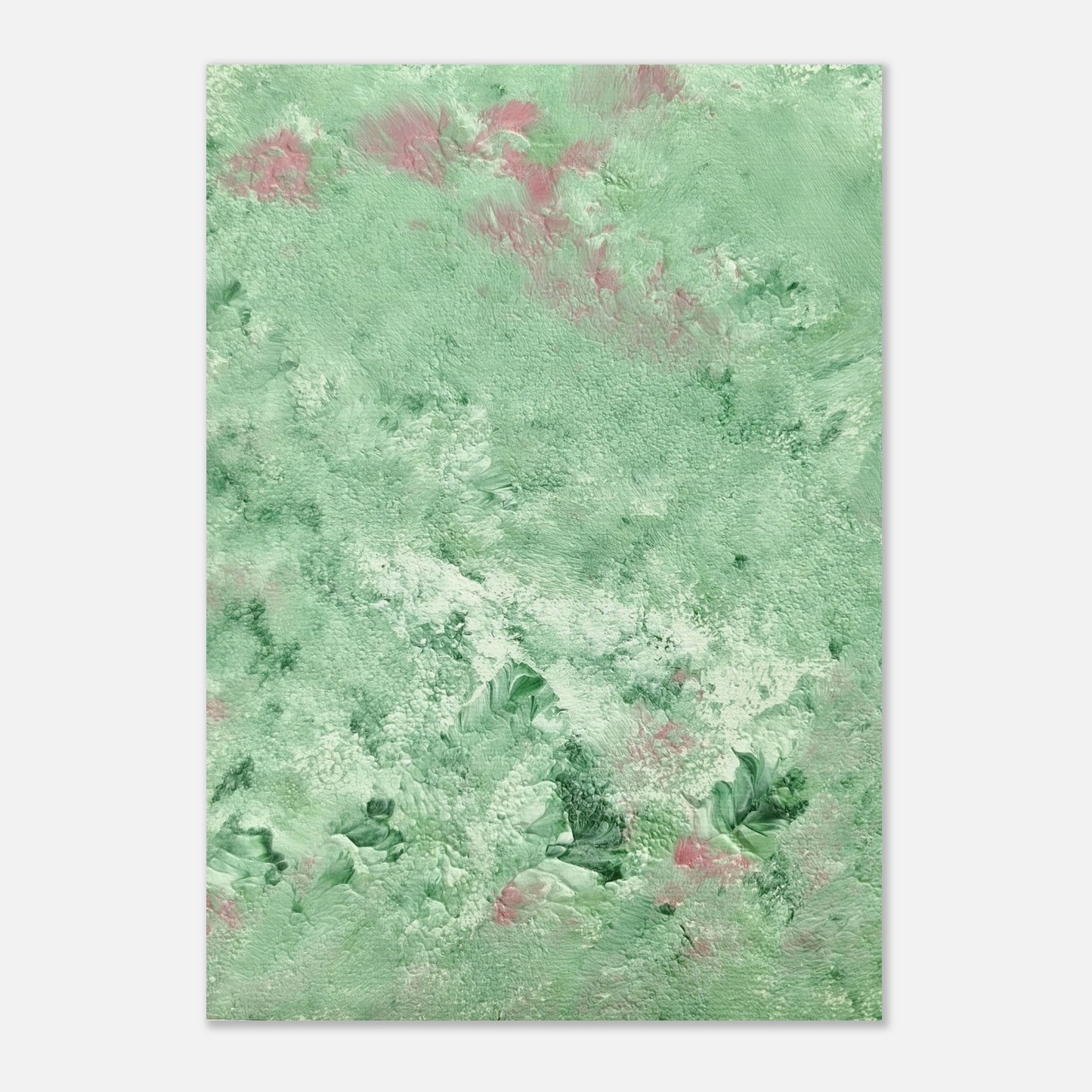 green abstract colorful with happy colors art poster based on an original acrylic one of a kind painting for home decor on wall hanging vertically on a grey wall