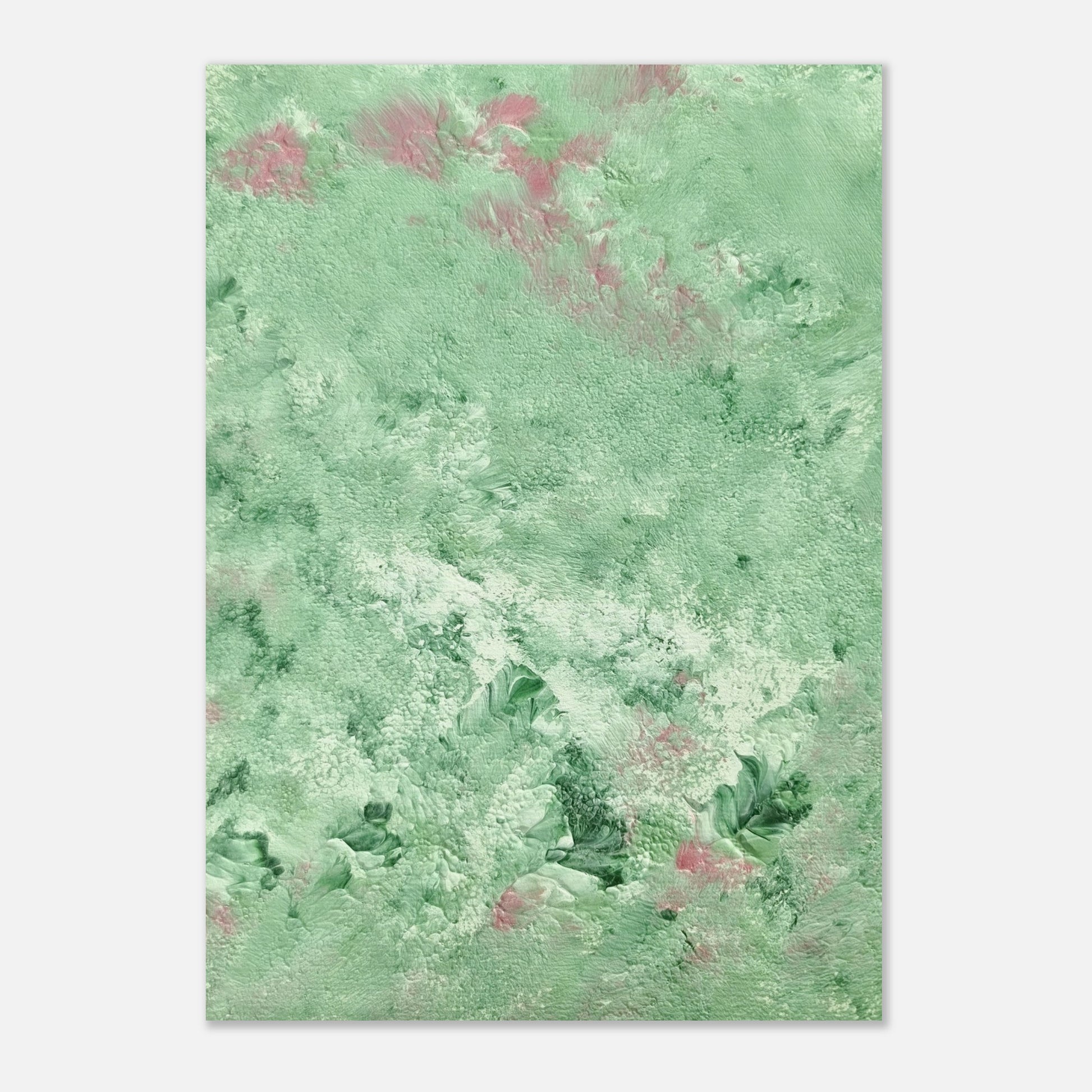 green abstract colorful with happy colors art poster based on an original acrylic one of a kind painting for home decor on wall hanging vertically on a grey wall
