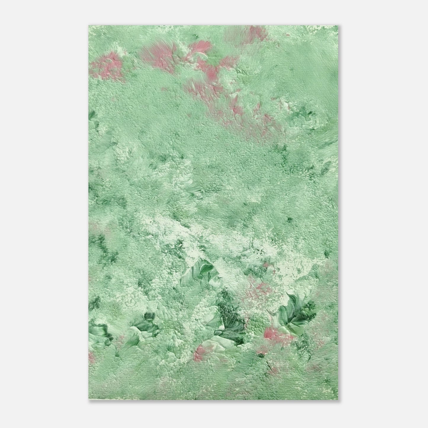 green abstract colorful with happy colors art poster based on an original acrylic one of a kind painting for home decor on wall hanging vertically on a grey wall