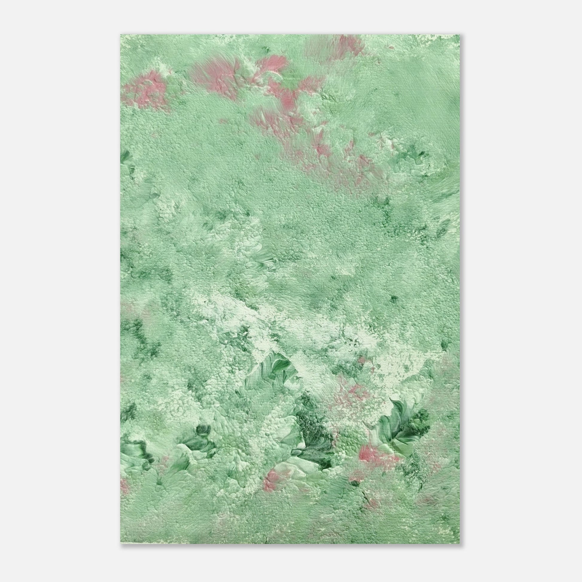 green abstract colorful with happy colors art poster based on an original acrylic one of a kind painting for home decor on wall hanging vertically on a grey wall