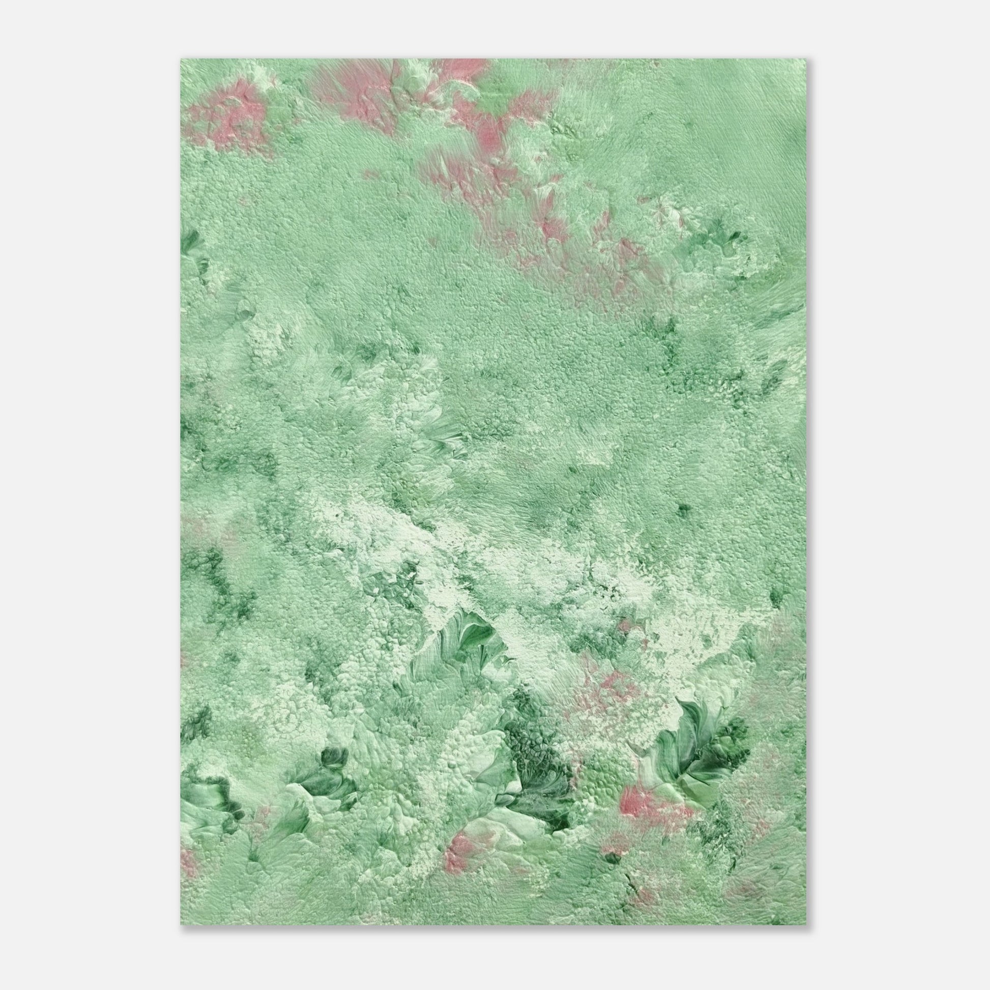 green abstract colorful with happy colors art poster based on an original acrylic one of a kind painting for home decor on wall hanging vertically on a grey wall