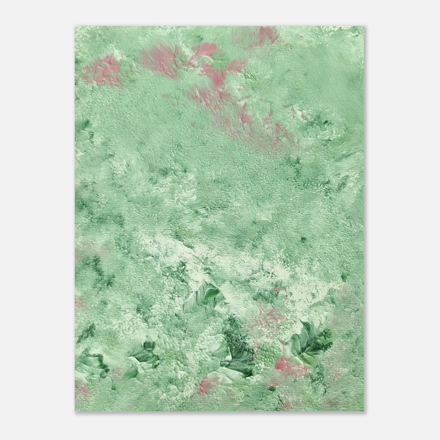 green abstract colorful with happy colors art poster based on an original acrylic one of a kind painting for home decor on wall hanging vertically on a grey wall