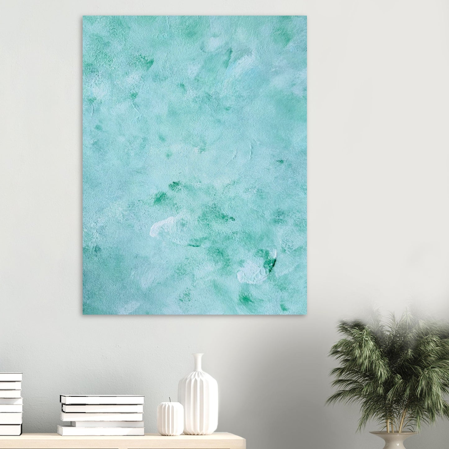 mint, green Feel good one of one-of-a-kind colorful art poster based on original abstract art created by up-and-coming artist Scandinavian Jeanette Haga as decor in a modern living room