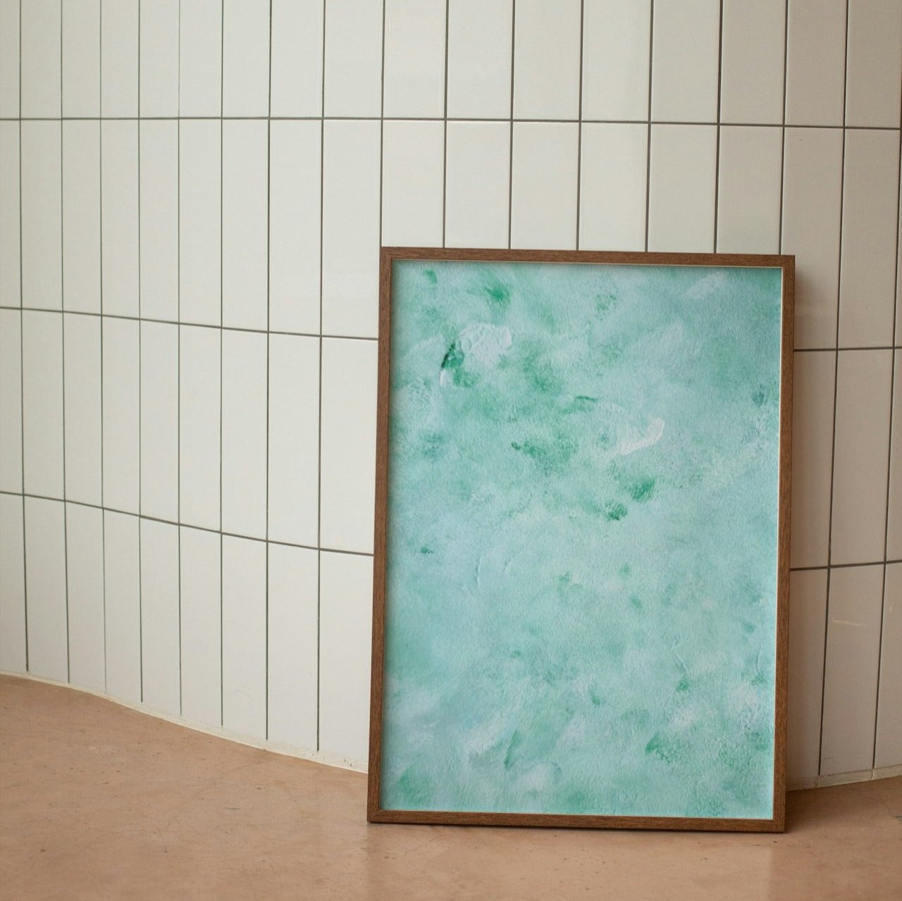 mint, green Feel good one of one-of-a-kind colorful art poster based on original abstract art created by up-and-coming artist Scandinavian Jeanette Haga as decor in a modern hallway
