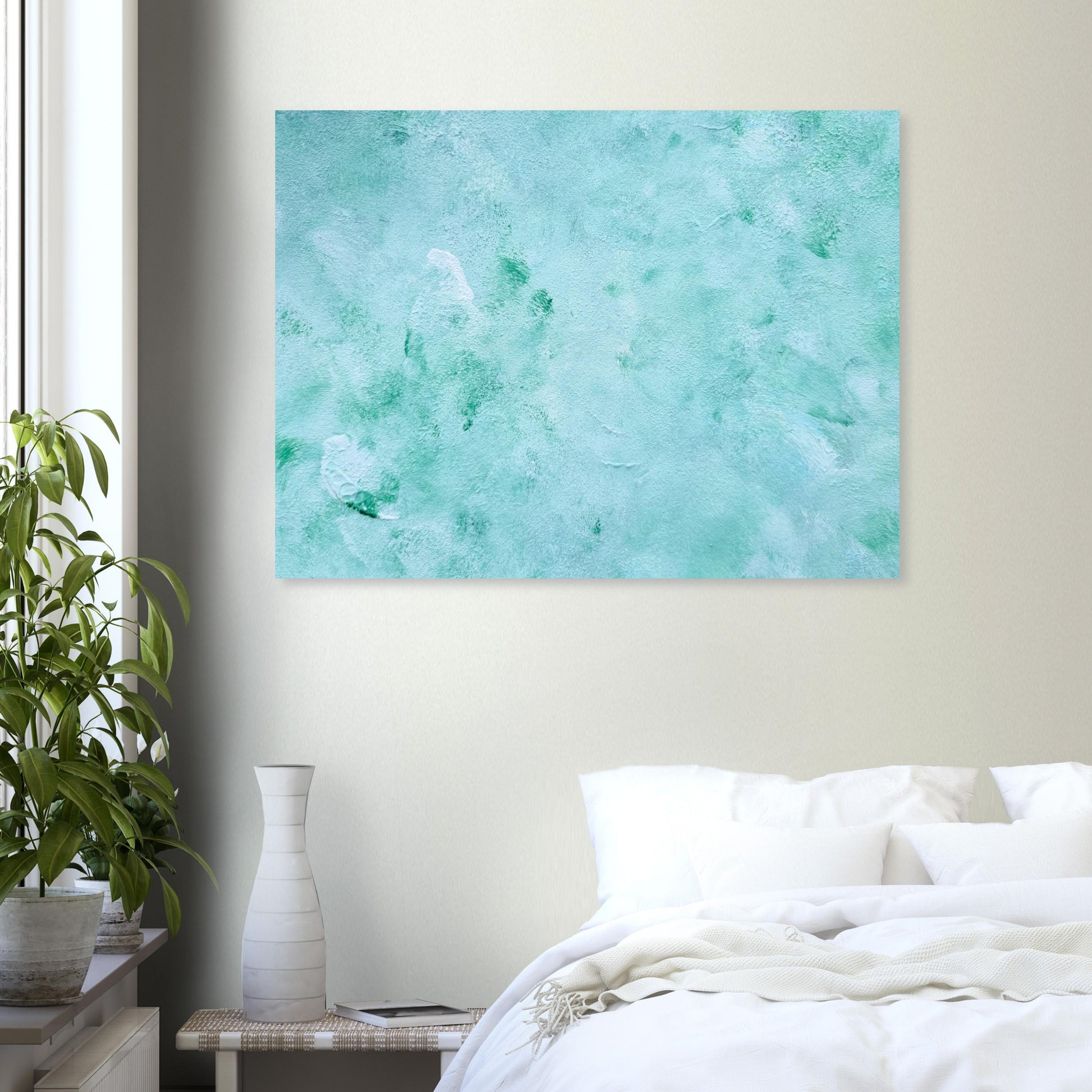 mint, green Feel good one of one-of-a-kind colorful art poster based on original abstract art created by up-and-coming artist Scandinavian Jeanette Haga as decor in a modern bed room