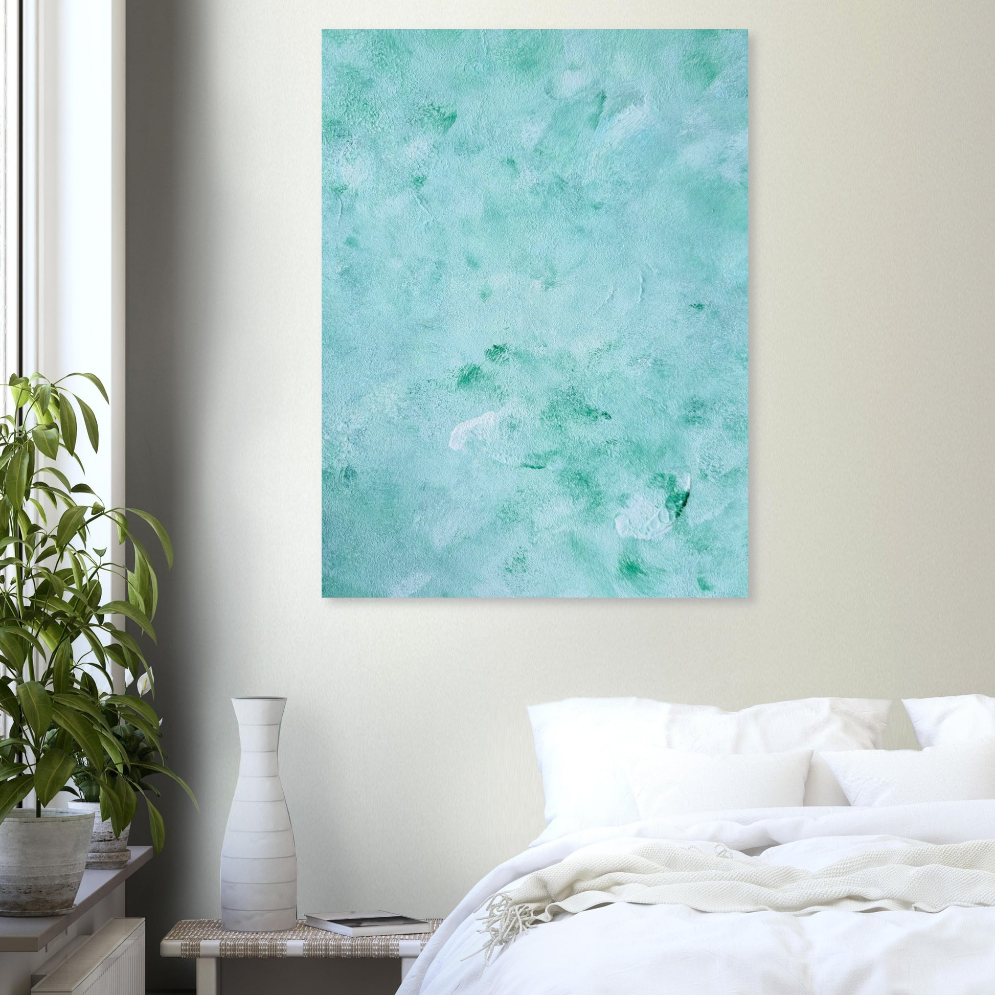 mint, green Feel good one of one-of-a-kind colorful art poster based on original abstract art created by up-and-coming artist Scandinavian Jeanette Haga as decor in a modern bedroom