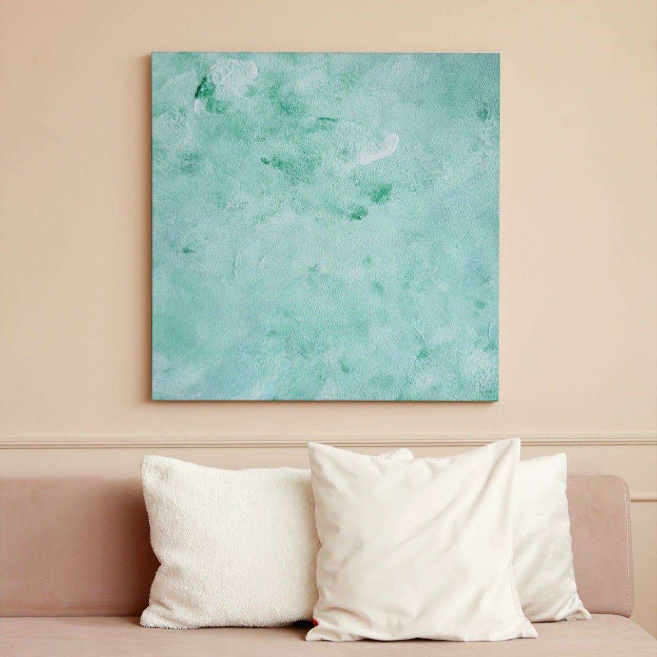 mint, green Feel good one of one-of-a-kind colorful art poster based on original abstract art created by up-and-coming artist Scandinavian Jeanette Haga as decor in a modern beige living room