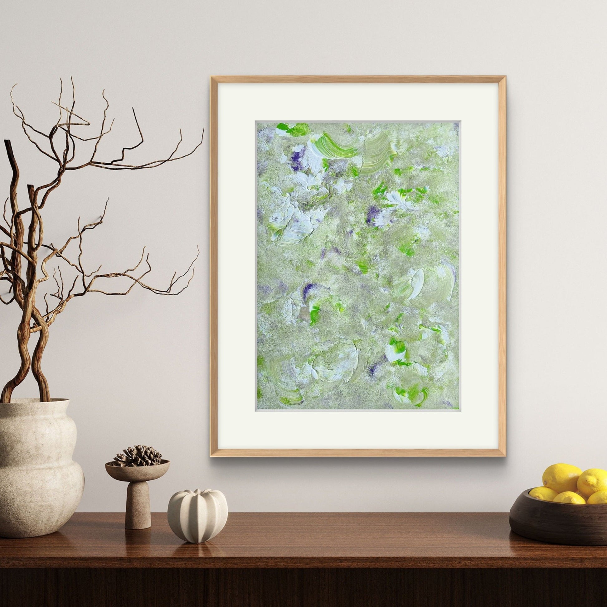 bright green, Feel good one of one-of-a-kind colorful original abstract art created by up-and-coming Scandinavian artist Jeanette Haga as decor in a modern home