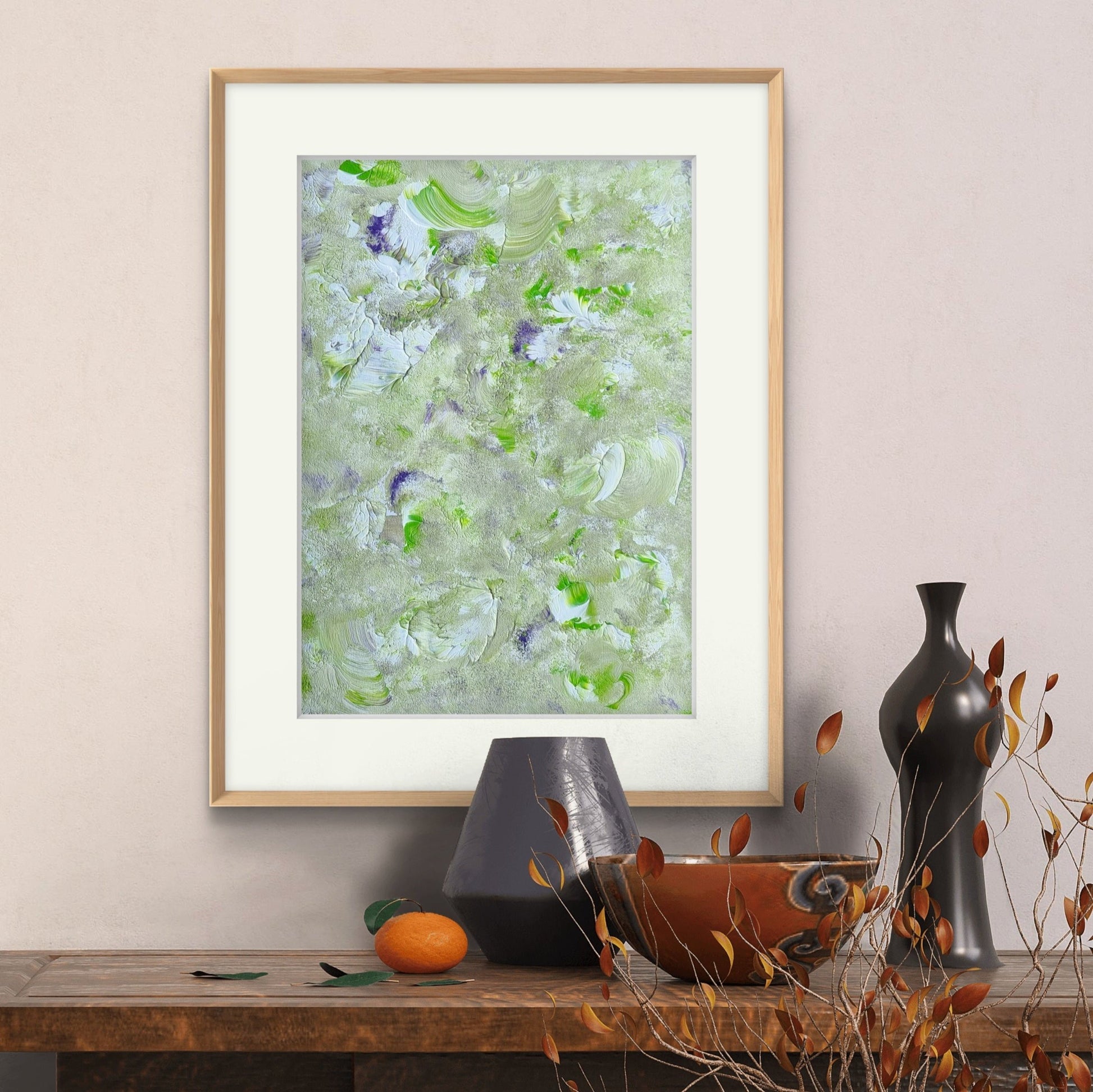bright green, Feel good one of one-of-a-kind colorful original abstract art created by up-and-coming scandinavian artist Jeanette Haga as decor in a modern home