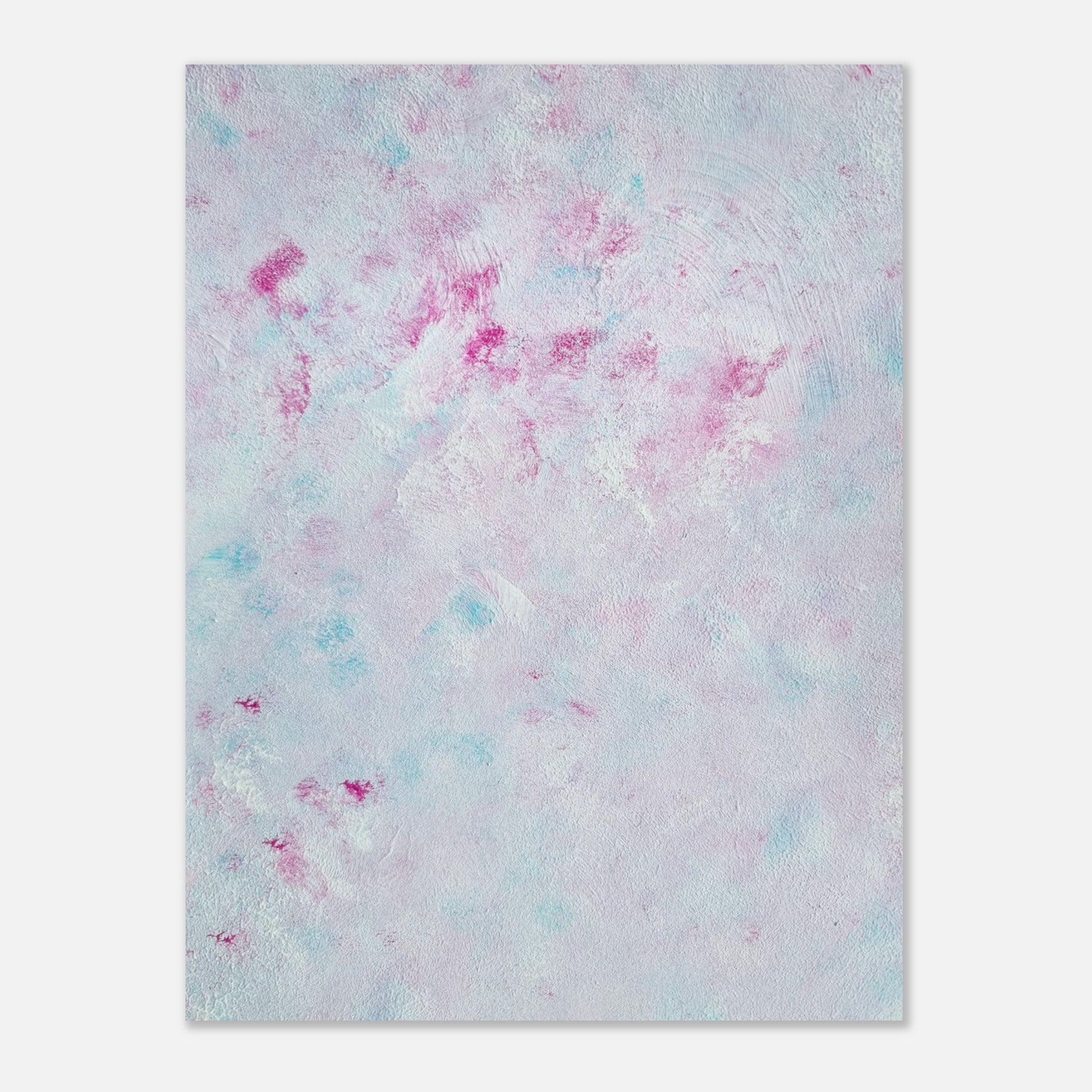 Pastel blue, Feel good one-of-a-kind colorful abstract art poster created from an original painting by up-and-coming scandinavian artist Jeanette Haga as decor against a white wall