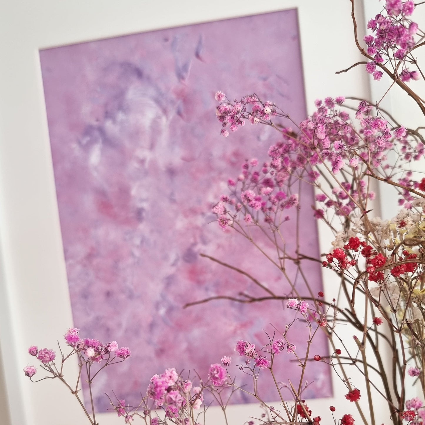 close up of purple, Feel good one of one-of-a-kind colorful original abstract art created by up-and-coming scandinavian artist Jeanette Haga as decor in a modern home
