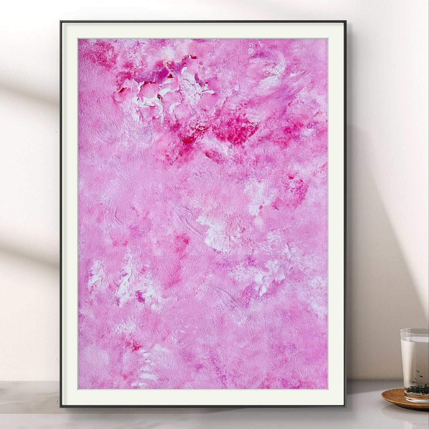 Bright red and white one-of-a-kind original acrylic feel-good Scandinavian art painted by Jeanette Haga towards hanging as decor in a modern home