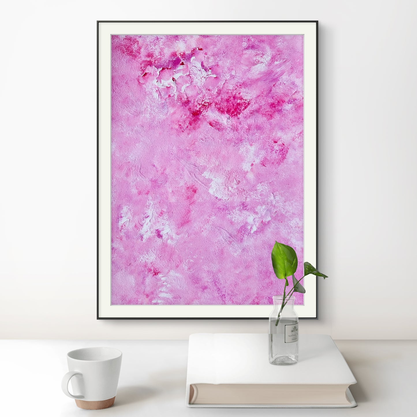 Bright red and white one-of-a-kind original acrylic feel-good Scandinavian art painted by Jeanette Haga towards hanging in a white, minimalistic, modern, office space