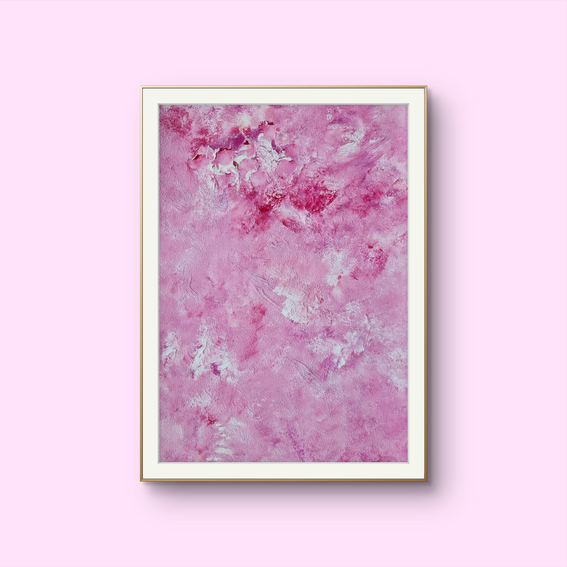 Bright red and white one-of-a-kind original acrylic feel-good Scandinavian art painted by Jeanette Haga towards a pink background