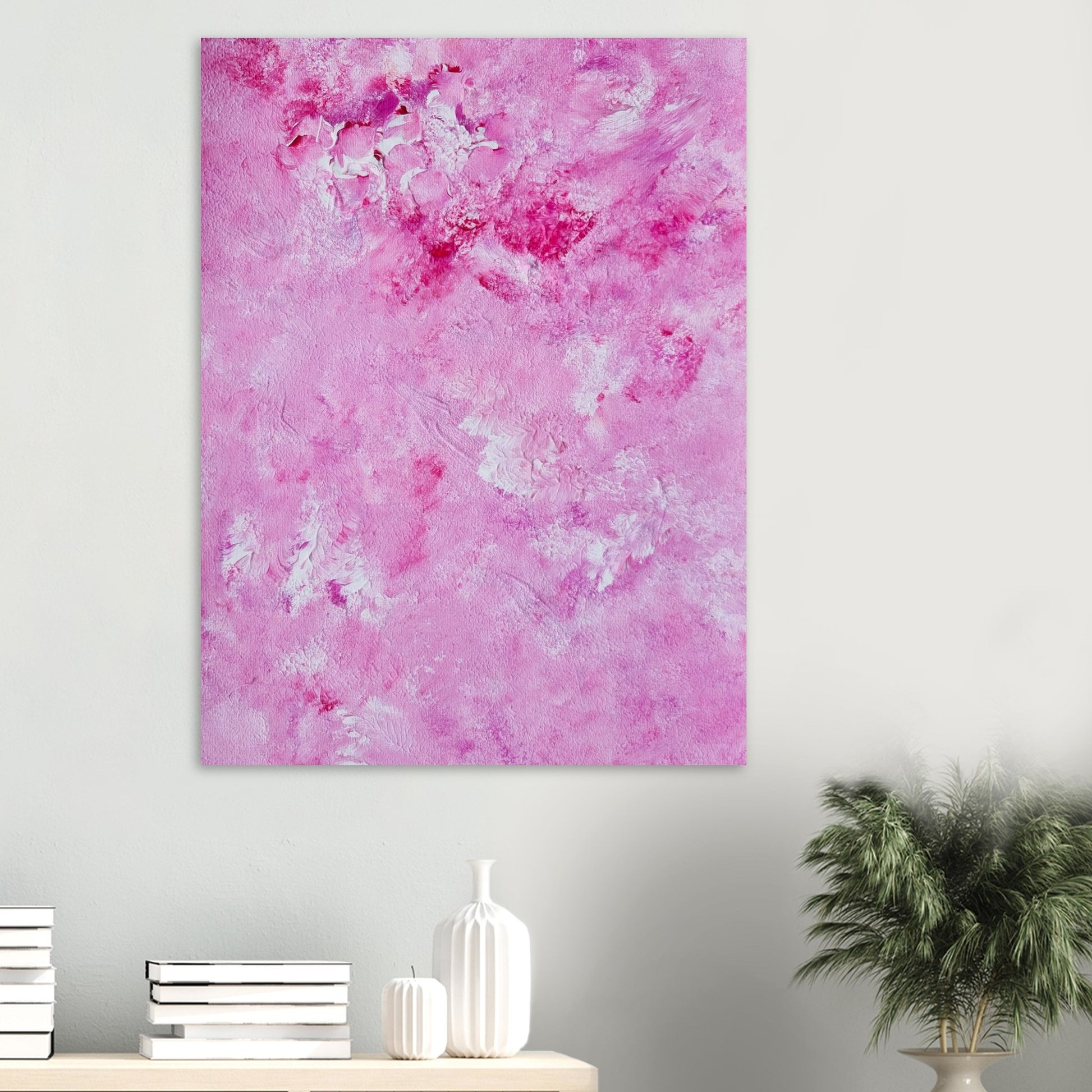 Vibrant Red and white Feel good one of one-of-a-kind colorful art poster based on original abstract art created by up-and-coming artist Scandinavian Jeanette Haga as decor in a modern living room on a white wall