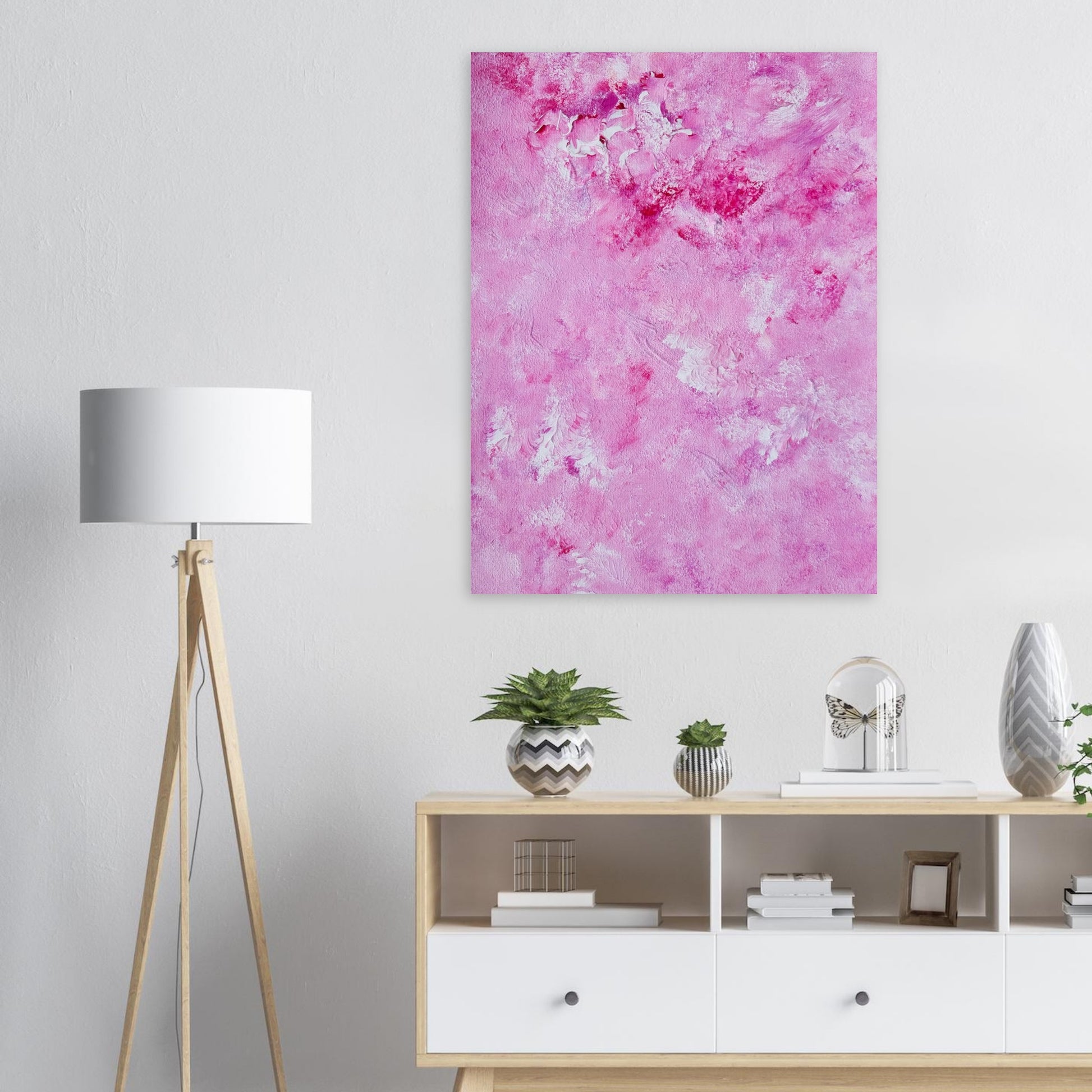 Vibrant Red and white Feel good one of one-of-a-kind colorful art poster based on original abstract art created by up-and-coming artist Scandinavian Jeanette Haga as decor in modern living room on a white wall