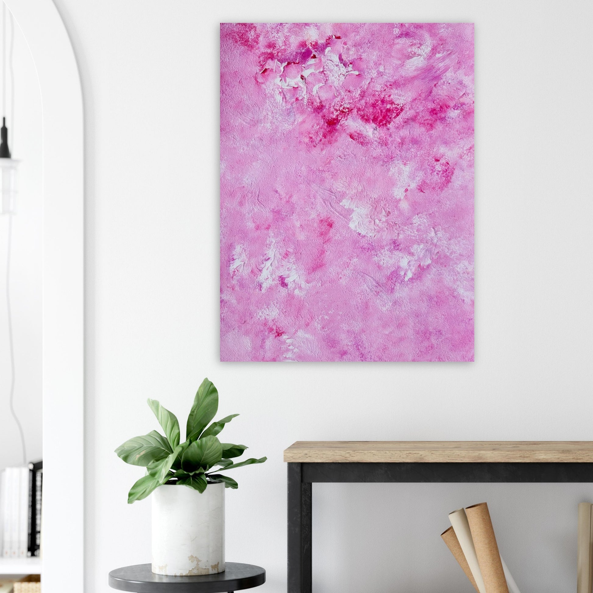 Vibrant Red and white Feel good one of one-of-a-kind colorful art poster based on original abstract art created by up-and-coming artist Scandinavian Jeanette Haga as decor in a modern hallway