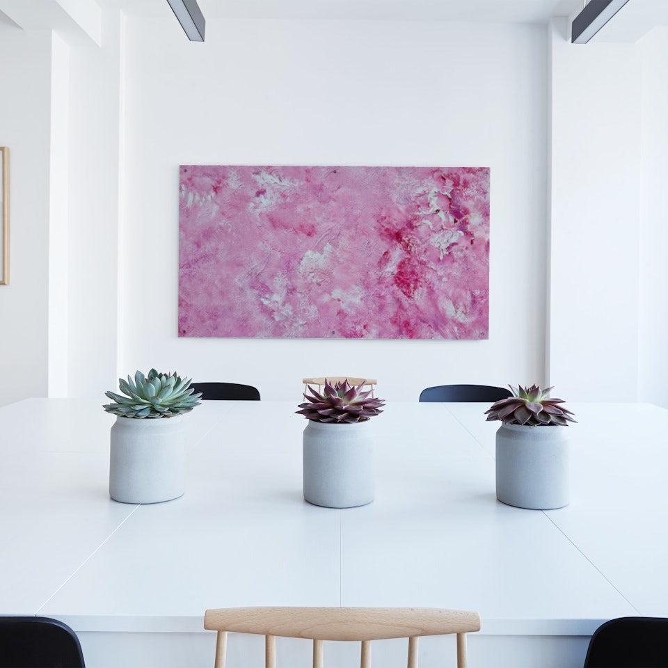 Vibrant Red and white Feel good one of one-of-a-kind colorful art poster based on original abstract art created by up-and-coming artist Scandinavian Jeanette Haga as decor in a modern dining room on a white wall