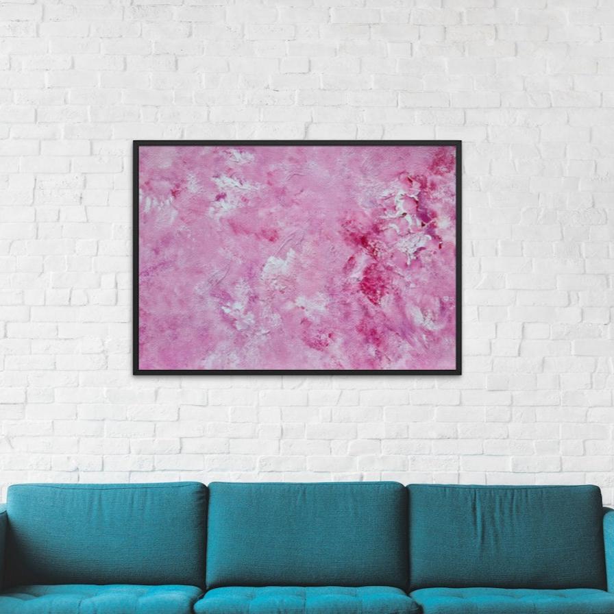 Vibrant Red and white Feel good one of one-of-a-kind colorful art poster based on original abstract art created by up-and-coming artist Scandinavian Jeanette Haga as decor for modern home on a white brick wall