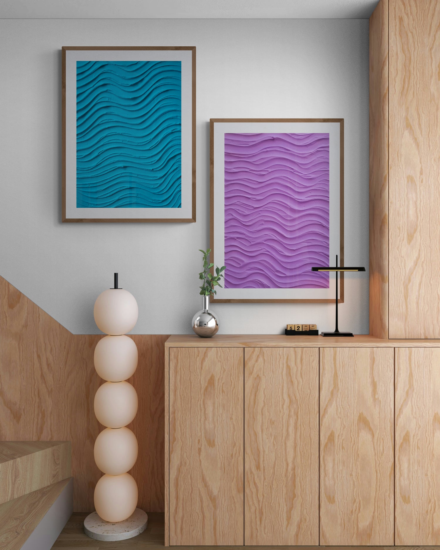 Vibrant blue and purple Feel good one-of-a-kind colorful textured art created by up-and-coming artist Scandinavian Jeanette Haga as decor in a modern oak hallway