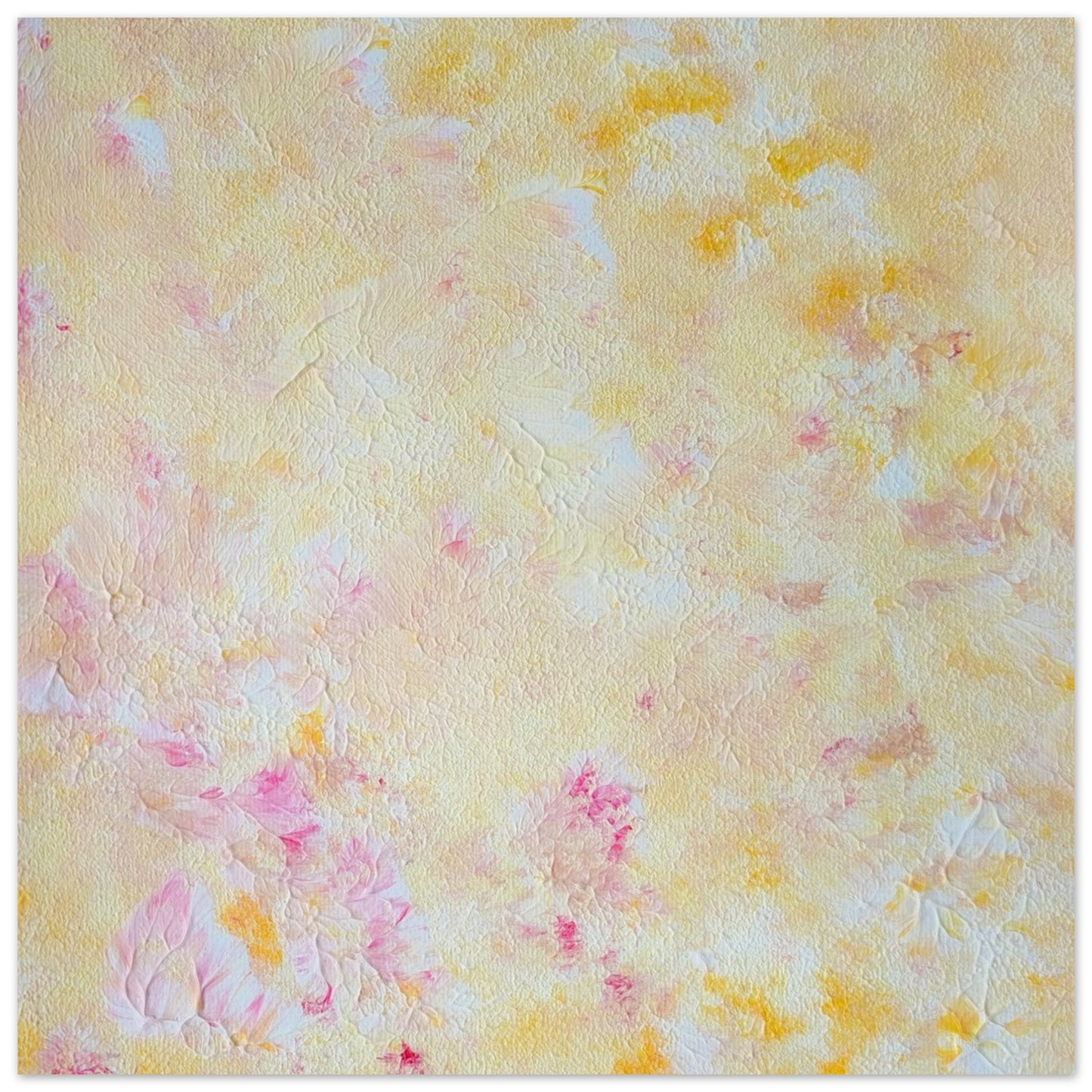 Yellow and pink Feel good one of one-of-a-kind colorful art poster based on original abstract art created by up-and-coming artist Scandinavian Jeanette Haga as decor for modern home on a white wall