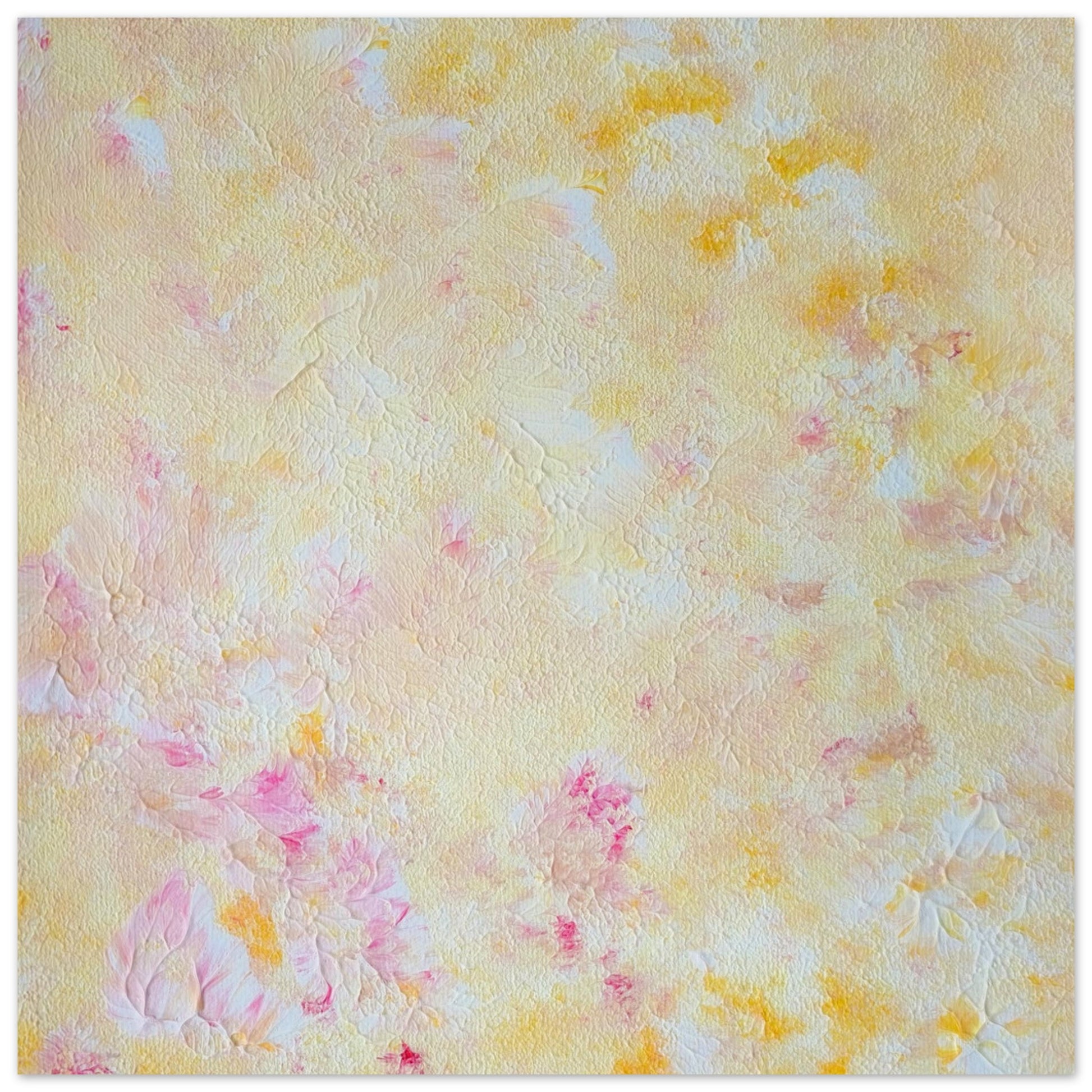 Yellow and pink Feel good one of one-of-a-kind colorful art poster based on original abstract art created by up-and-coming artist Scandinavian Jeanette Haga as decor for modern home on a white wall
