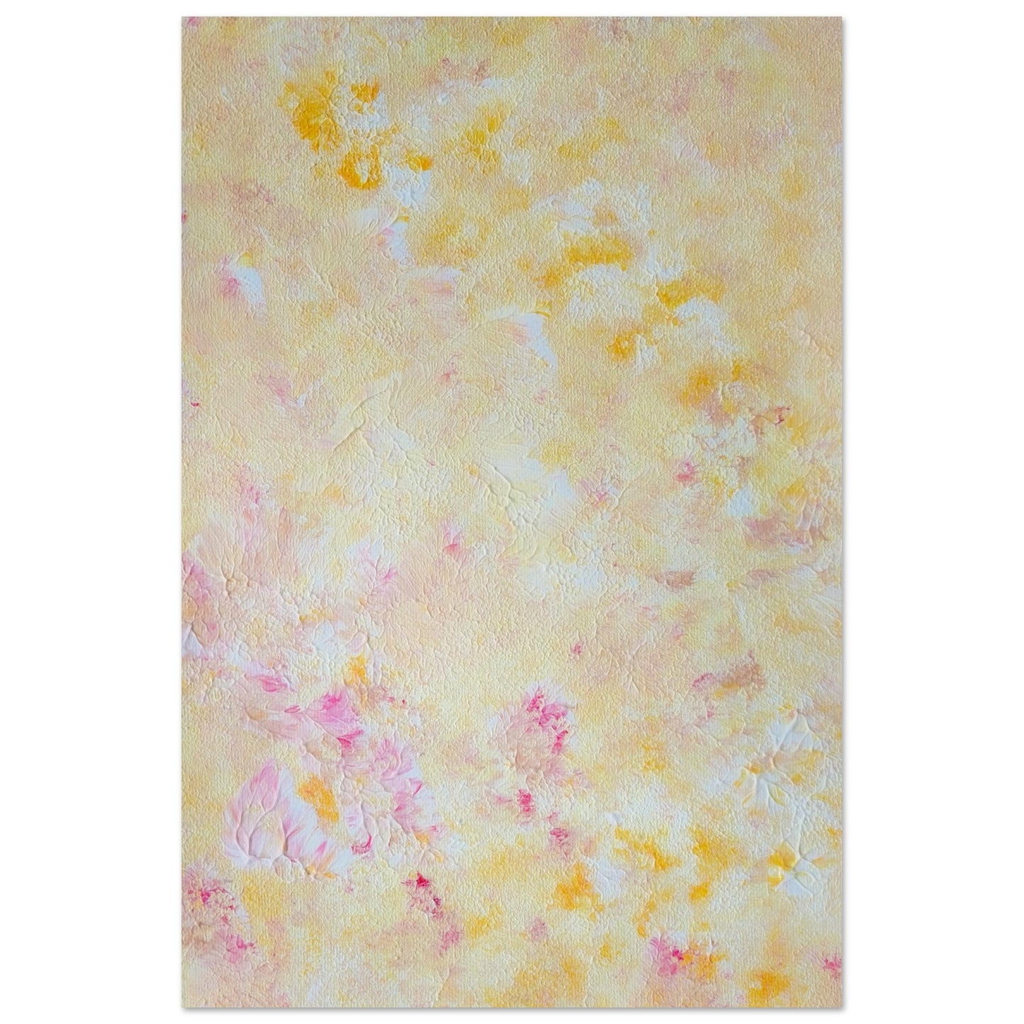 Yellow and pink Feel good one of one-of-a-kind colorful art poster based on original abstract art created by up-and-coming artist Scandinavian Jeanette Haga as decor for modern home on a white wall