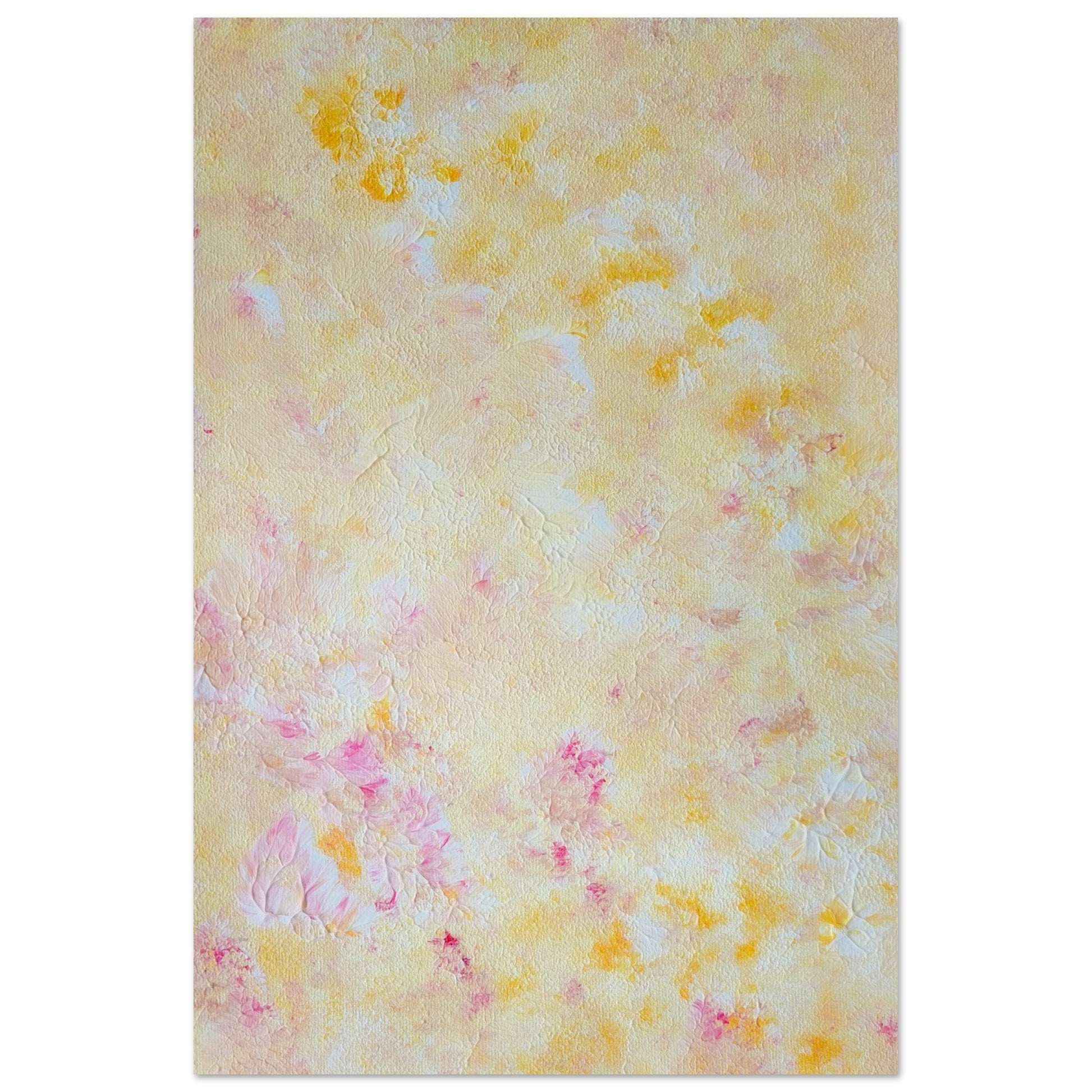 Yellow and pink Feel good one of one-of-a-kind colorful art poster based on original abstract art created by up-and-coming artist Scandinavian Jeanette Haga as decor for modern home on a white wall