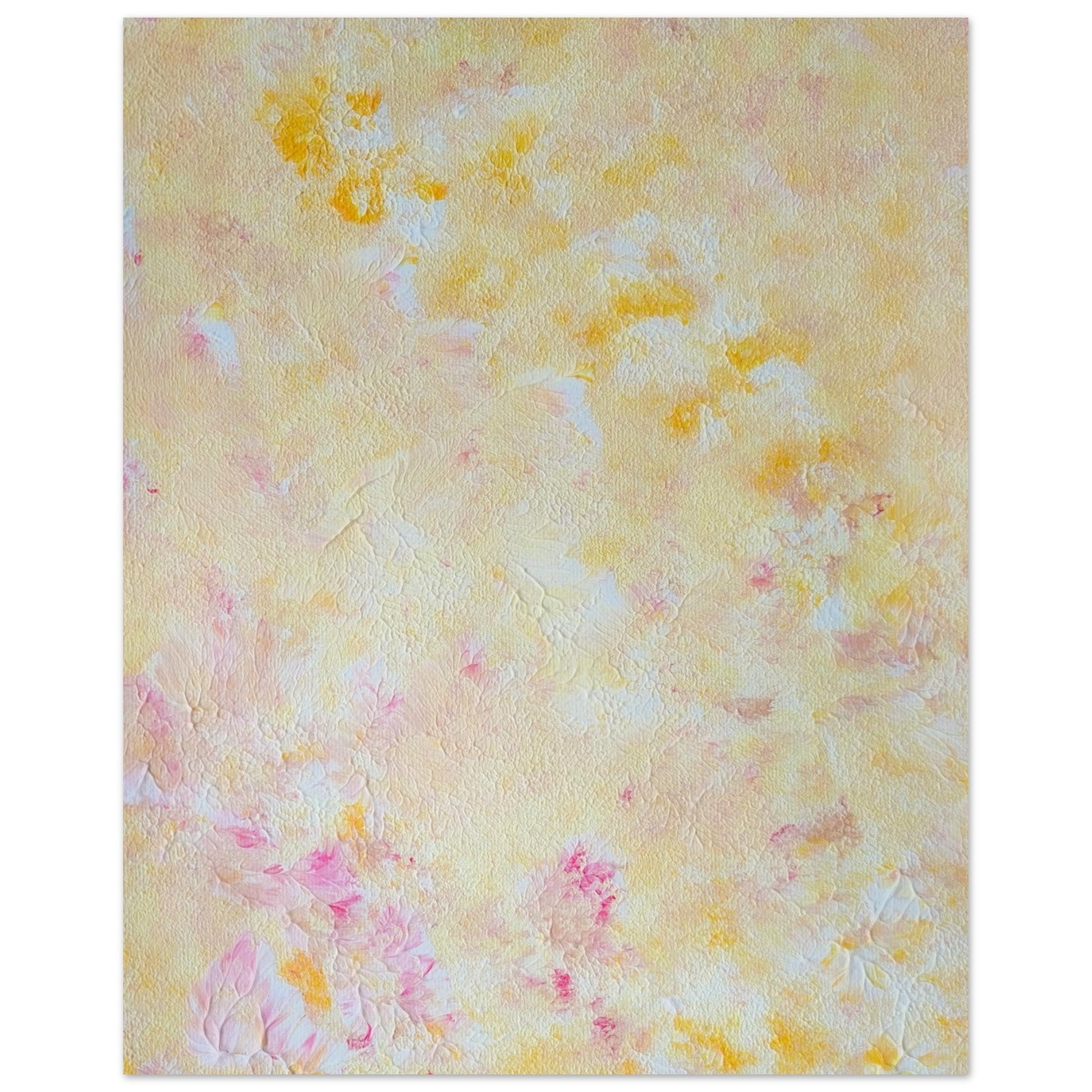 Yellow and pink Feel good one of one-of-a-kind colorful art poster based on original abstract art created by up-and-coming artist Scandinavian Jeanette Haga as decor for modern home on a white wall