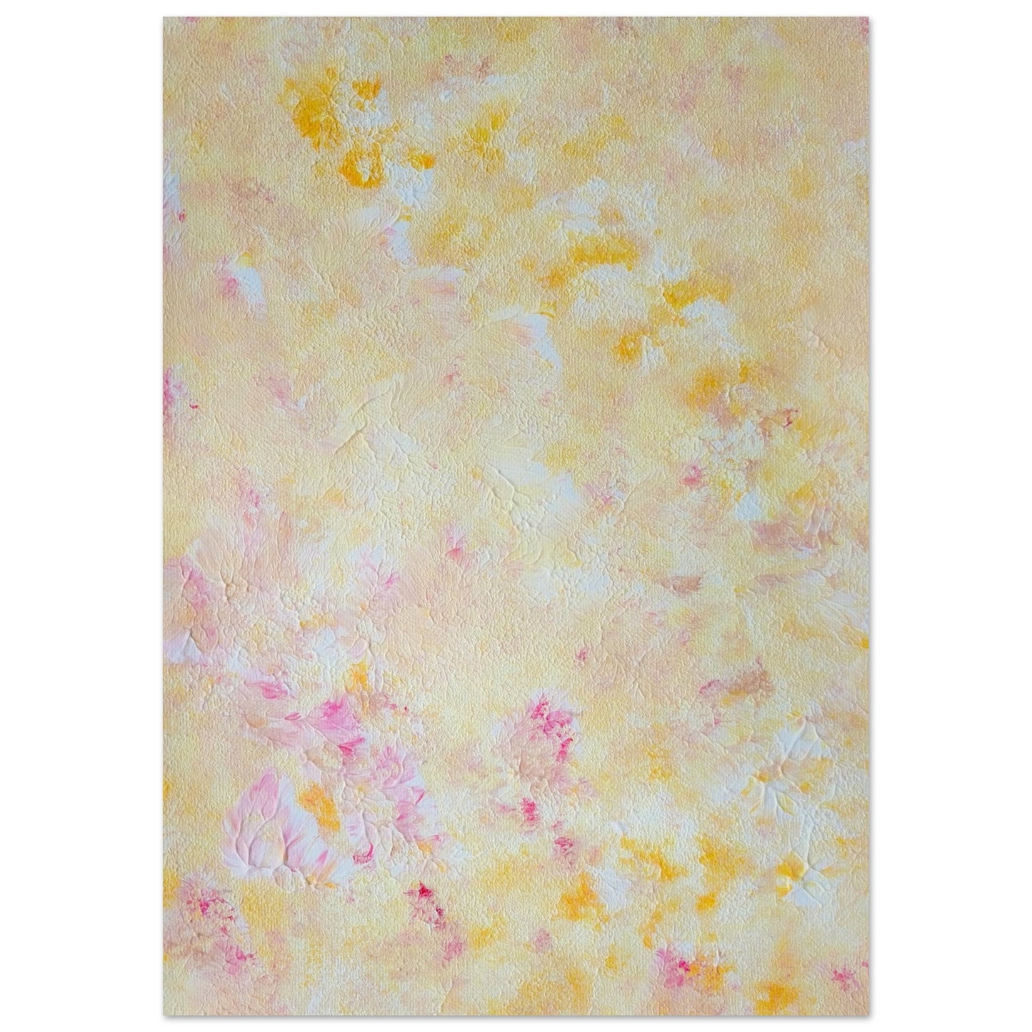 Yellow and pink Feel good one of one-of-a-kind colorful art poster based on original abstract art created by up-and-coming artist Scandinavian Jeanette Haga as decor for modern home on a white wall