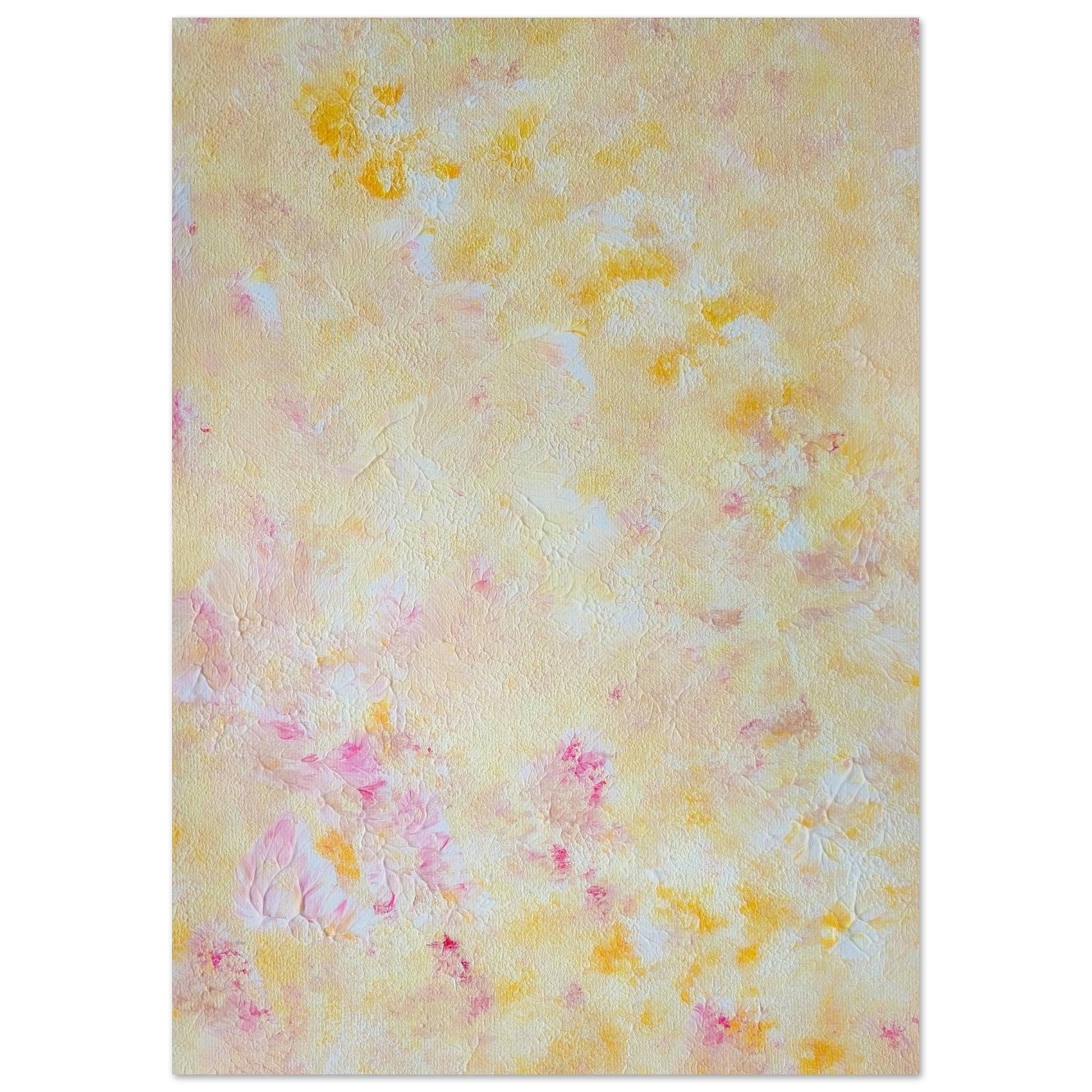 Yellow and pink Feel good one of one-of-a-kind colorful art poster based on original abstract art created by up-and-coming artist Scandinavian Jeanette Haga as decor for modern home on a white wall