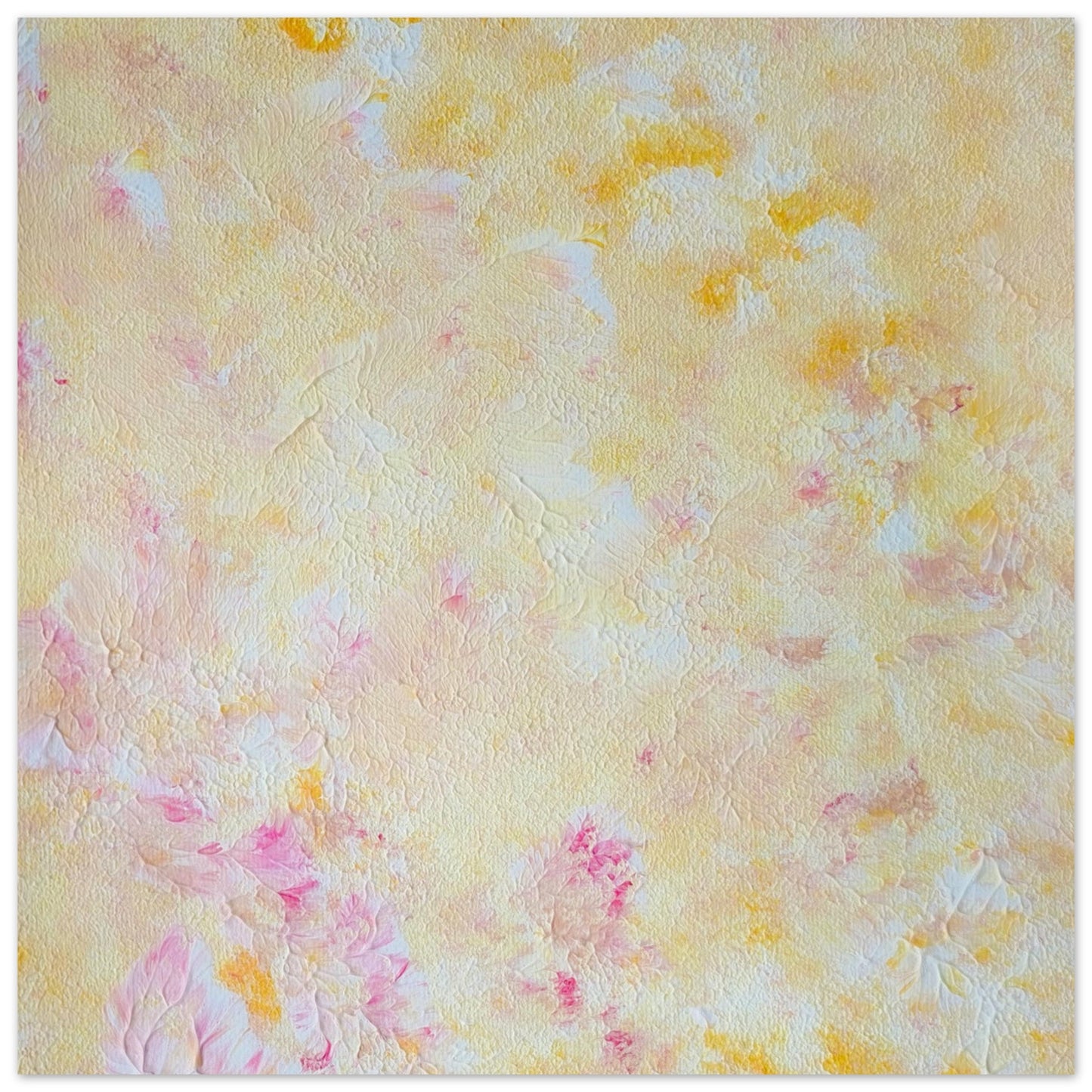 Yellow and pink Feel good one of one-of-a-kind colorful art poster based on original abstract art created by up-and-coming artist Scandinavian Jeanette Haga as decor for modern home on a white wall