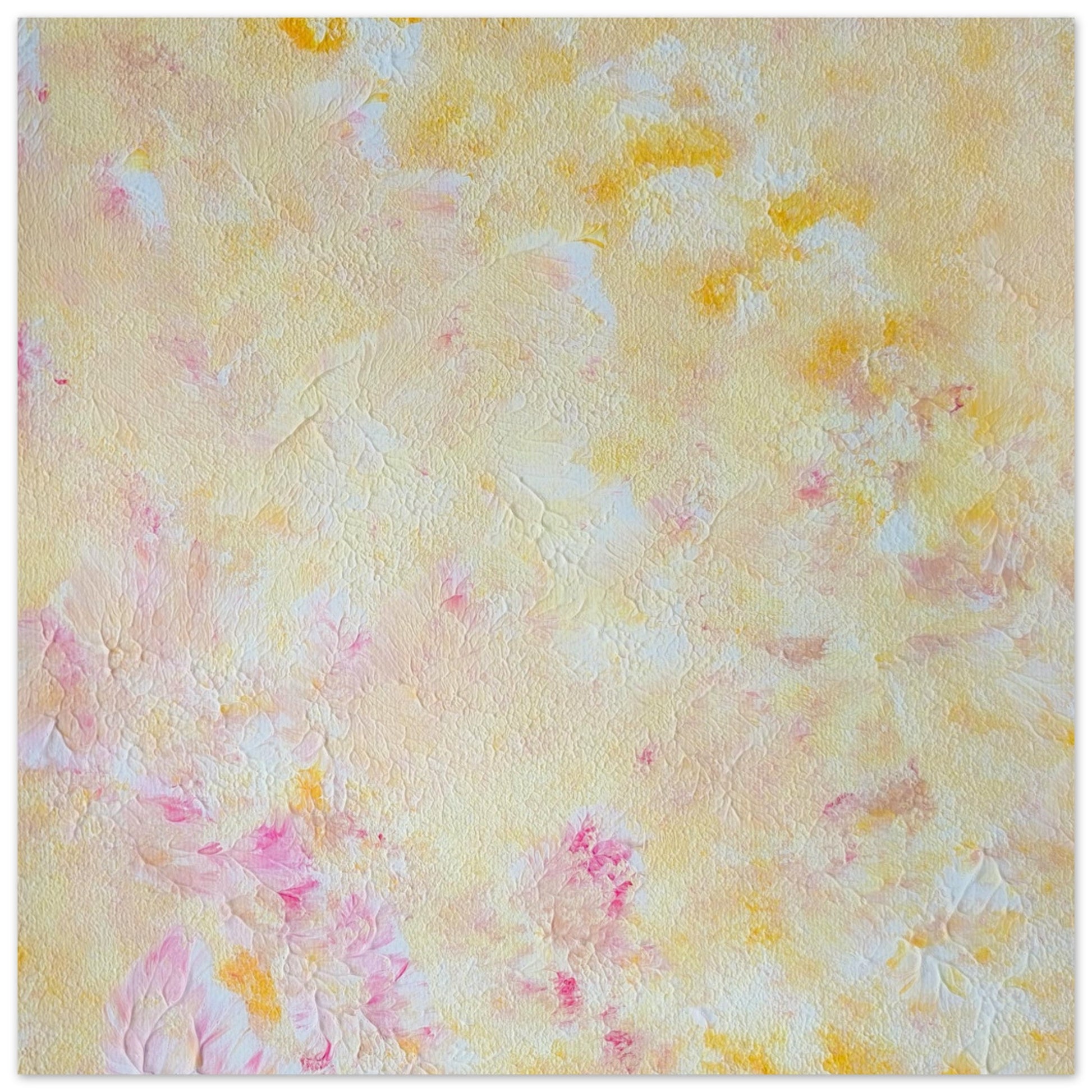 Yellow and pink Feel good one of one-of-a-kind colorful art poster based on original abstract art created by up-and-coming artist Scandinavian Jeanette Haga as decor for modern home on a white wall