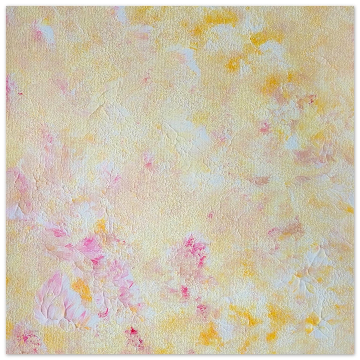 Yellow and pink Feel good one of one-of-a-kind colorful art poster based on original abstract art created by up-and-coming artist Scandinavian Jeanette Haga as decor for modern home on a white wall