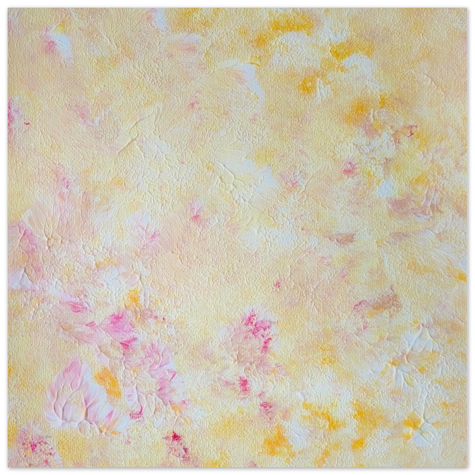 Yellow and pink Feel good one of one-of-a-kind colorful art poster based on original abstract art created by up-and-coming artist Scandinavian Jeanette Haga as decor for modern home on a white wall