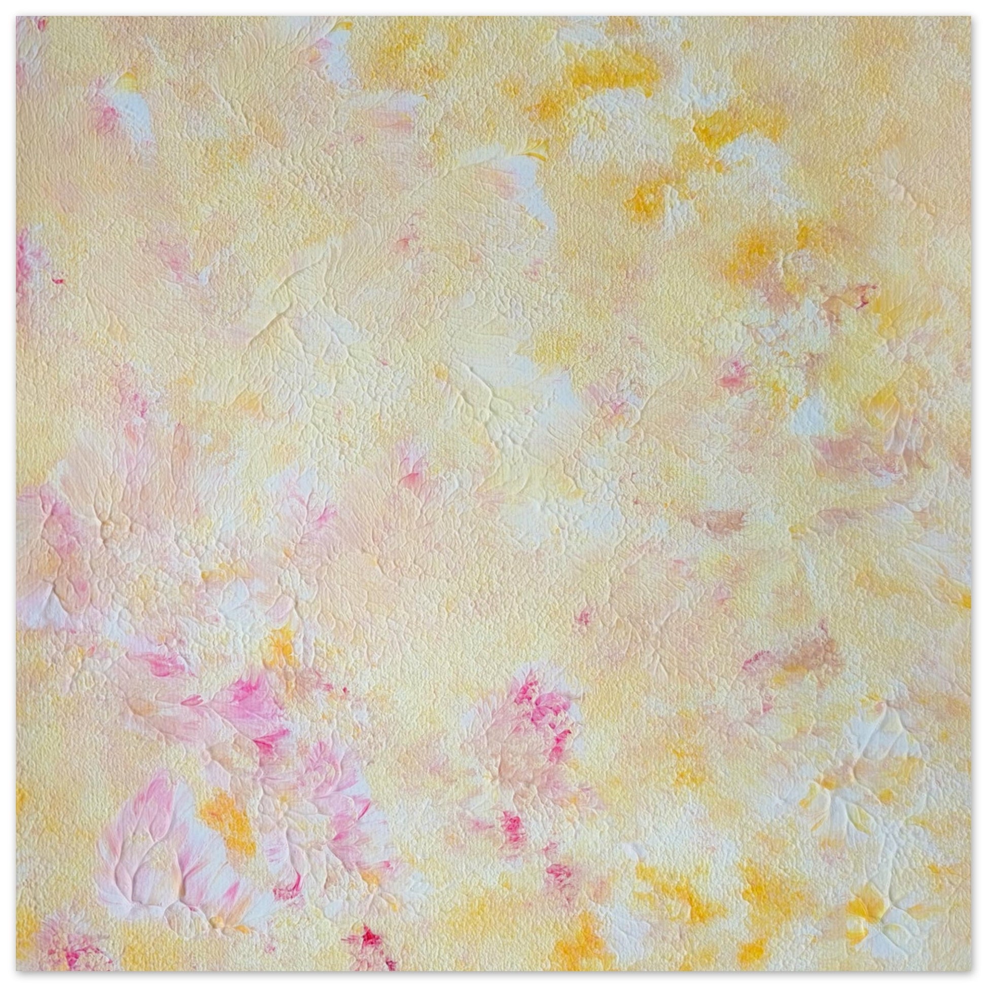 Yellow and pink Feel good one of one-of-a-kind colorful art poster based on original abstract art created by up-and-coming artist Scandinavian Jeanette Haga as decor for modern home on a white wall